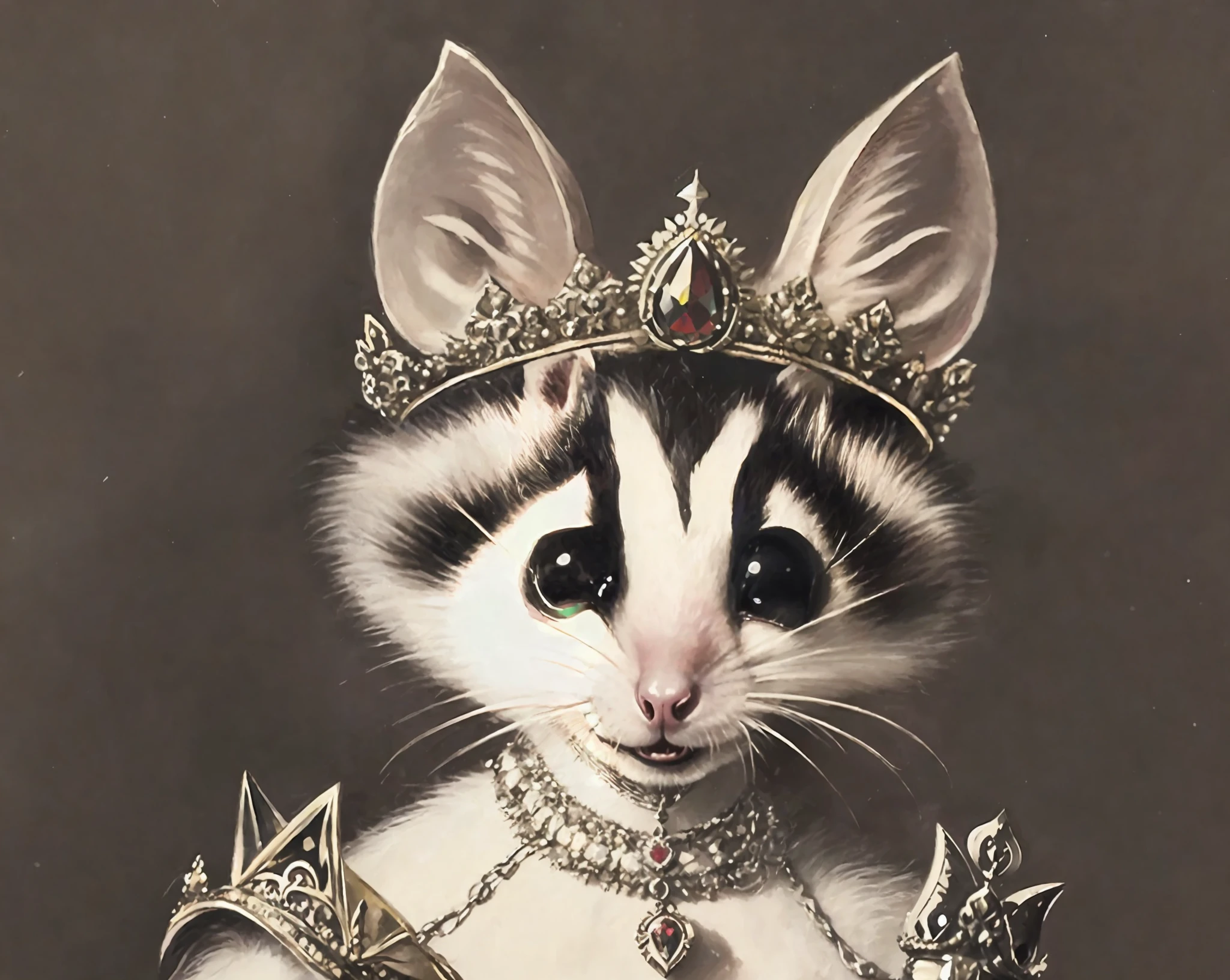 a vibrant opposum with a crown on their head. royal clothing. an opposum queen with a sceptre and lots of jewelry. colour painting.