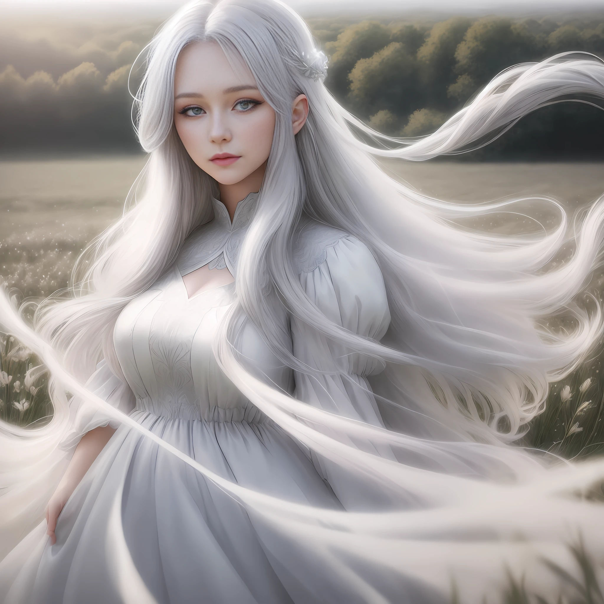 Woman with long gray hair standing in a field, stunning young ethereal figure, long shiny ethereal hair, long fluffy silver hair, gray-haired girl, white intricate dress, portrait albino mystery, white floating in the air Hair, fantastic beauty, glowing light! Digital painting