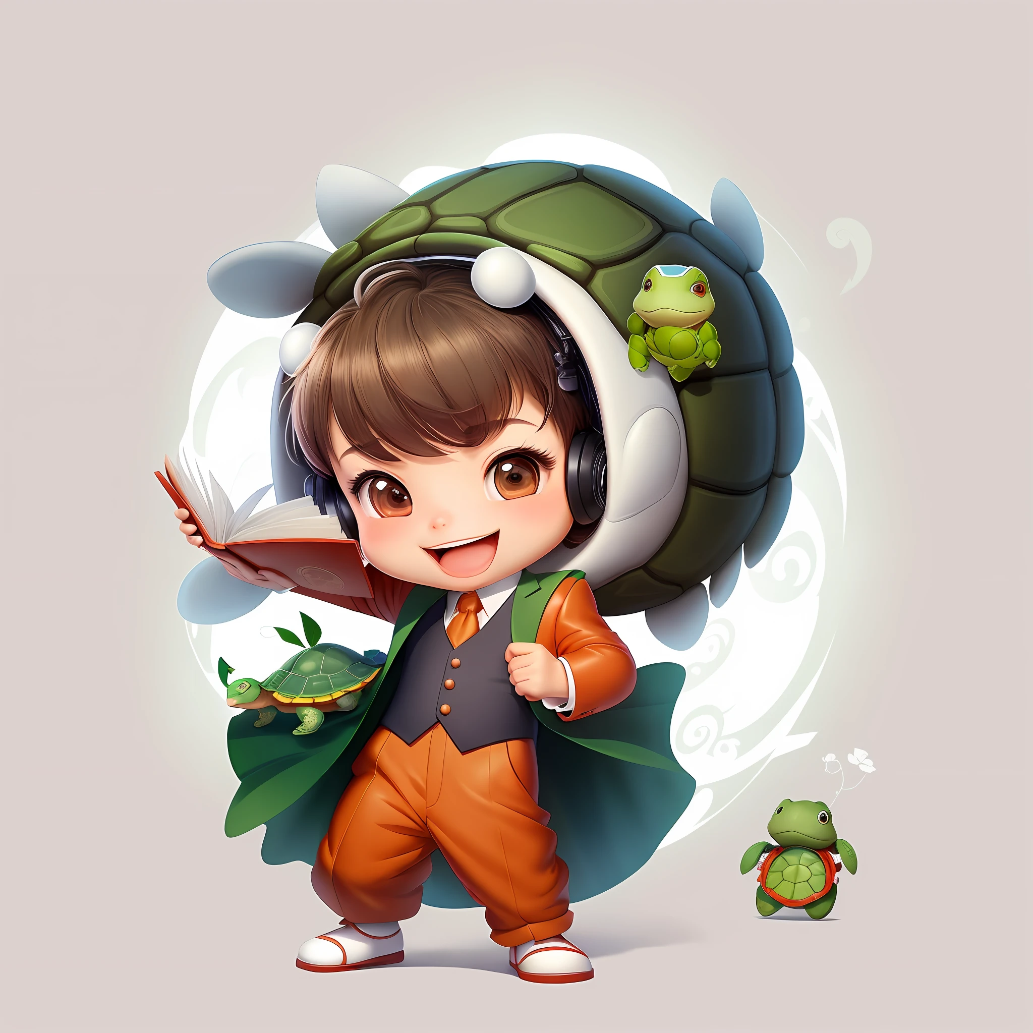 Cartoon character IP, wearing a Chinese suit, holding an open book, a turtle boy, a clean background