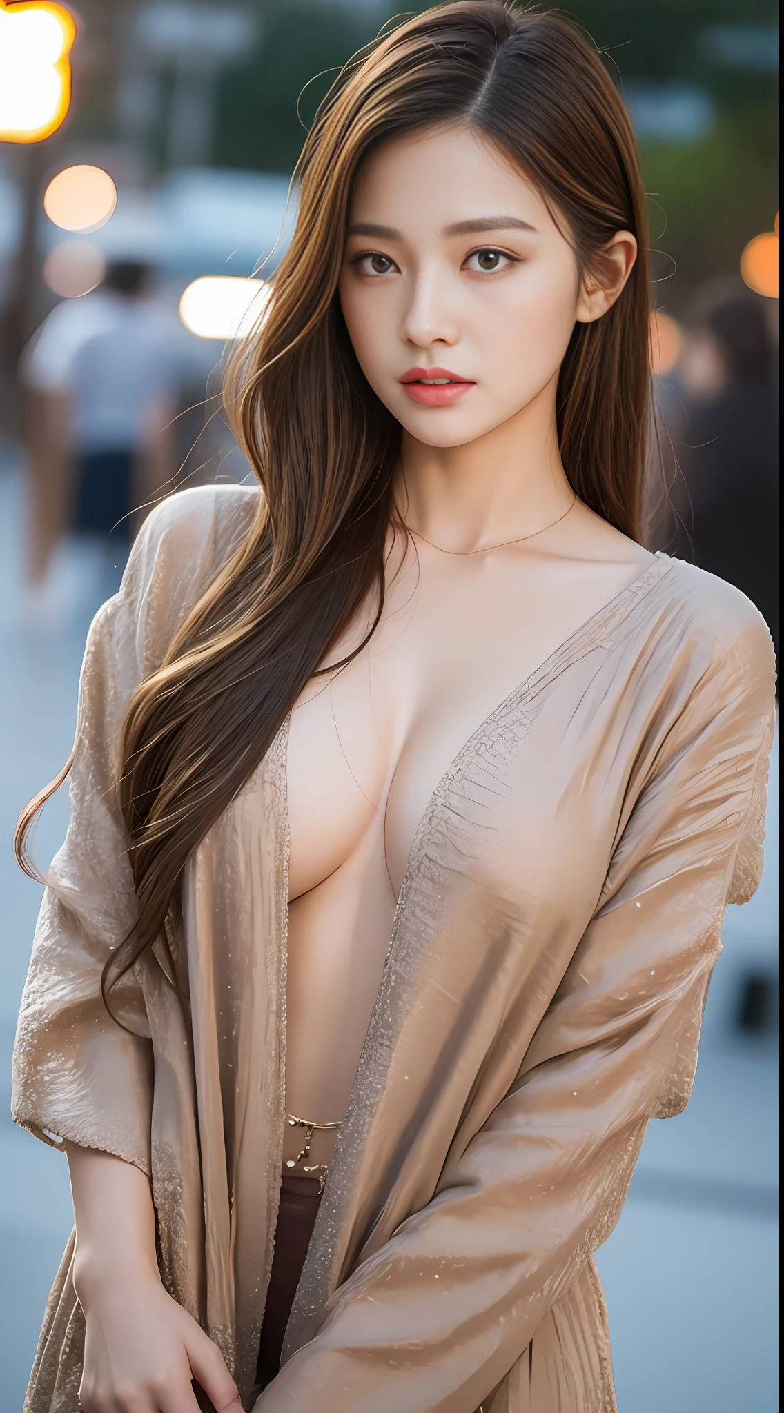 Best quality, realistic, realistic, extremely detailed, extremely delicate and beautiful, RAW photo, professional lighting, facial lighting, depth of field, single focus, ((full body)), a 20 year old female, (night, beach, starry sky: 1.4), brown hair, brown eyes, smaller head, ((big breasts)), (((authenticity))), fashion girl, beautiful eyes, real face, real skin, realistic face, realistic Skin, detailed eyes, detailed facial features, detailed clothes features, (fashion clothes: 1.3 ), (fashion hairstyles: 1.3) dynamic poses, looking at the viewer, detailed face and chest, (pureerosface_v1:0.33), (ulzzang- 6500:0.33),