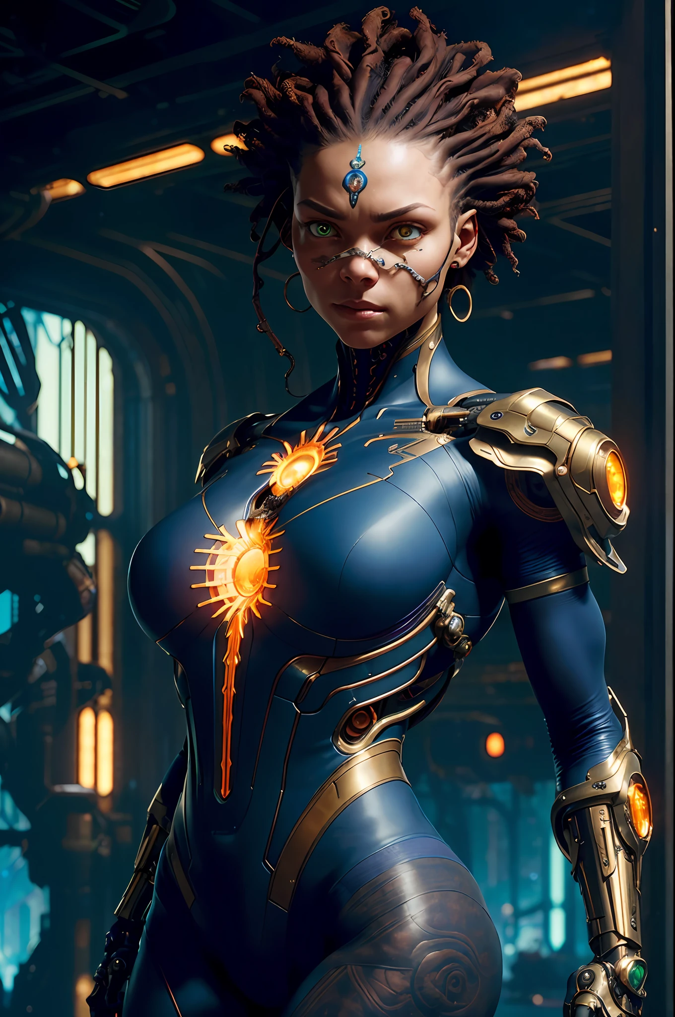 (highly detailed: 1.2),(best quality:1.2),(8k:1.0),(emb-rrf-low:1.0),(lots of big black tattoos on head, face and eyes:1.2),sharp focus,( photography awarded: 1.2), (subsurface scattering: 1.1) (beautiful young cyborg mulatto girl detailed: 1.2), (no hair: 1.2), (full body: 1.2), (dynamic pose: 1.2), neon glow, (detailed cybernetic eyes : 1.1), close-up (hyperrealistic: 1.2), role playing, elden ring style, dramatic lighting, (full detailed futuristic cityscape: 1.2), (scifi: 1.2), professional portrait photography, by wlop greg rutkowski jeffrey simpson alphonse mucha