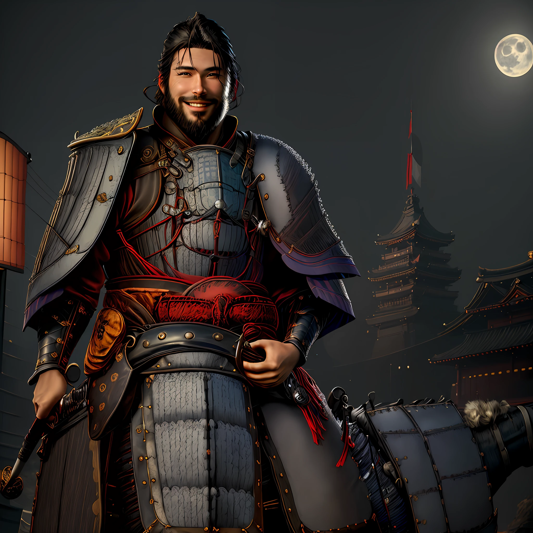 (masterpiece, best quality: 1.2), cowboy shooting, solo, male focus, 1boy, black hair, short beard, japanese armor, katana and shield in hand, smile, eye patch, highest quality digital art, rtx , ray tracing, night, moonlight, on top of a Japanese building, night lights, city