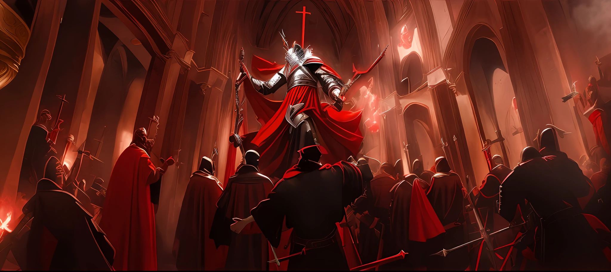 In the church, a red knight with a spear was fighting the demons that swarmed the church.red and black.masterpiece, best quality,