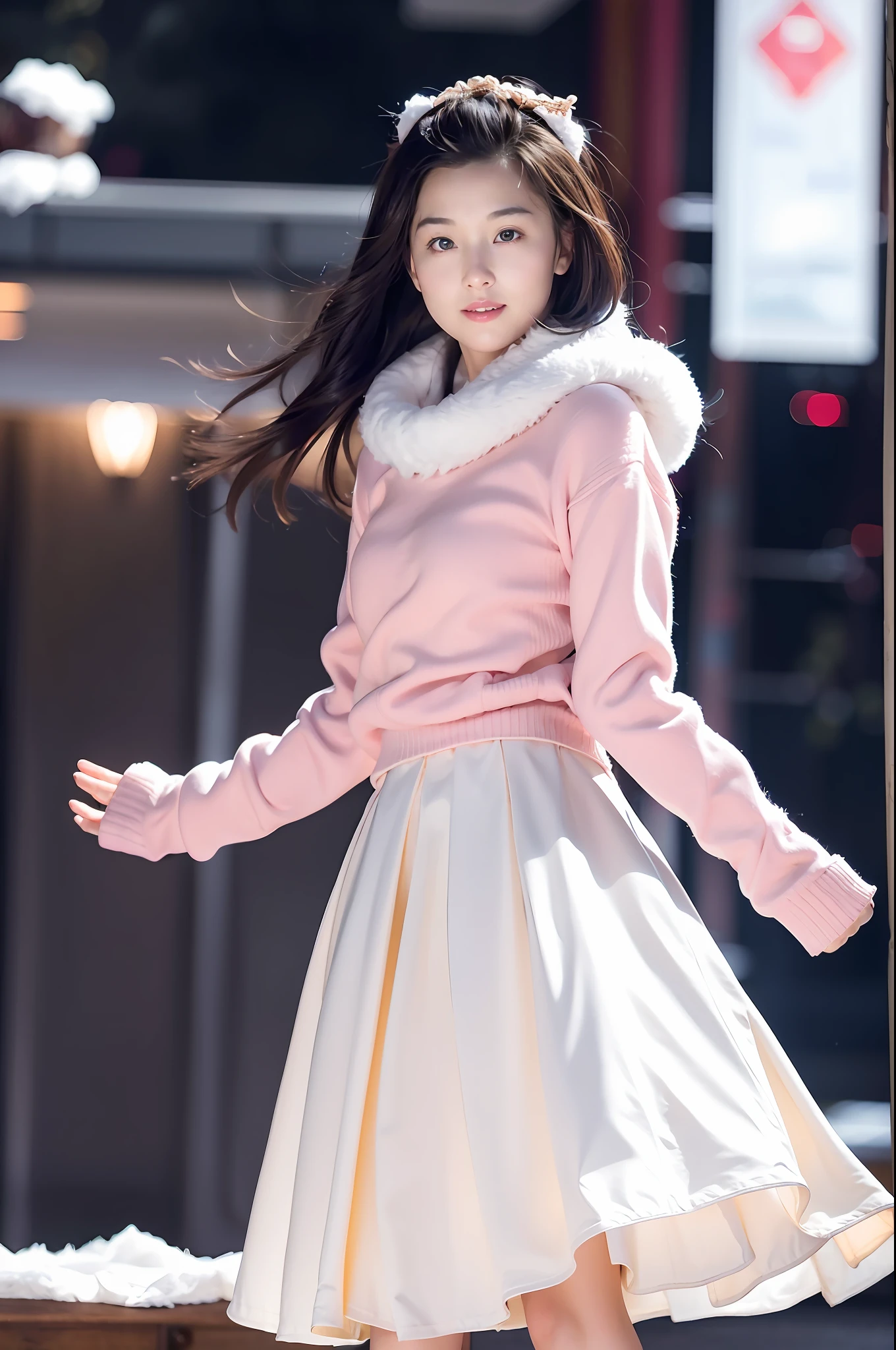 Light blush, smile, upper body, (winter clothes, snow, city, skirt, flowing hair,,) looking at the audience, beauty, best quality, super high resolution, (fidelity: 1.4), hiqcgbody, masterpiece, (realism: 1.4), best quality, beautiful lighting, detailed, complex, RAW photo, 8k uhd, film grain,