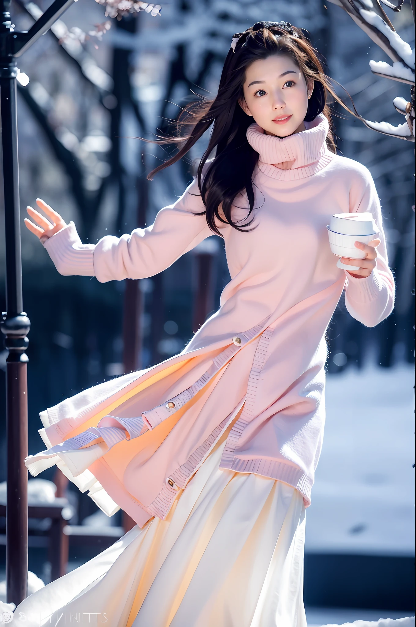 Light blush, smile, upper body, (winter clothes, snow, city, skirt, flowing hair,,) looking at the audience, beauty, best quality, super high resolution, (fidelity: 1.4), hiqcgbody, masterpiece, (realism: 1.4), best quality, beautiful lighting, detailed, complex, RAW photo, 8k uhd, film grain,