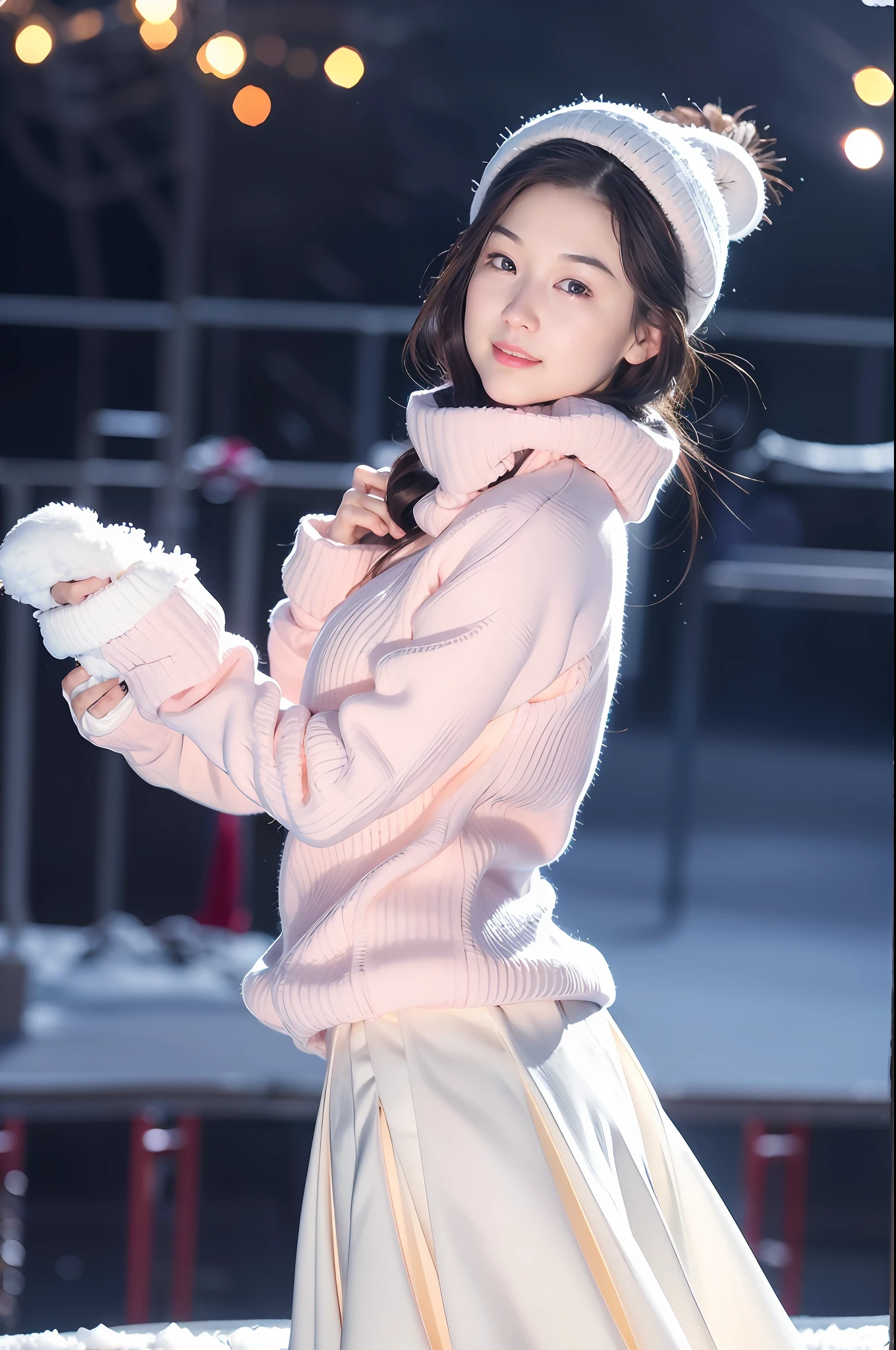 Light blush, smile, upper body, (winter clothes, snow, city, skirt, flowing hair,,) looking at the audience, beauty, best quality, super high resolution, (fidelity: 1.4), hiqcgbody, masterpiece, (realism: 1.4), best quality, beautiful lighting, detailed, complex, RAW photo, 8k uhd, film grain,