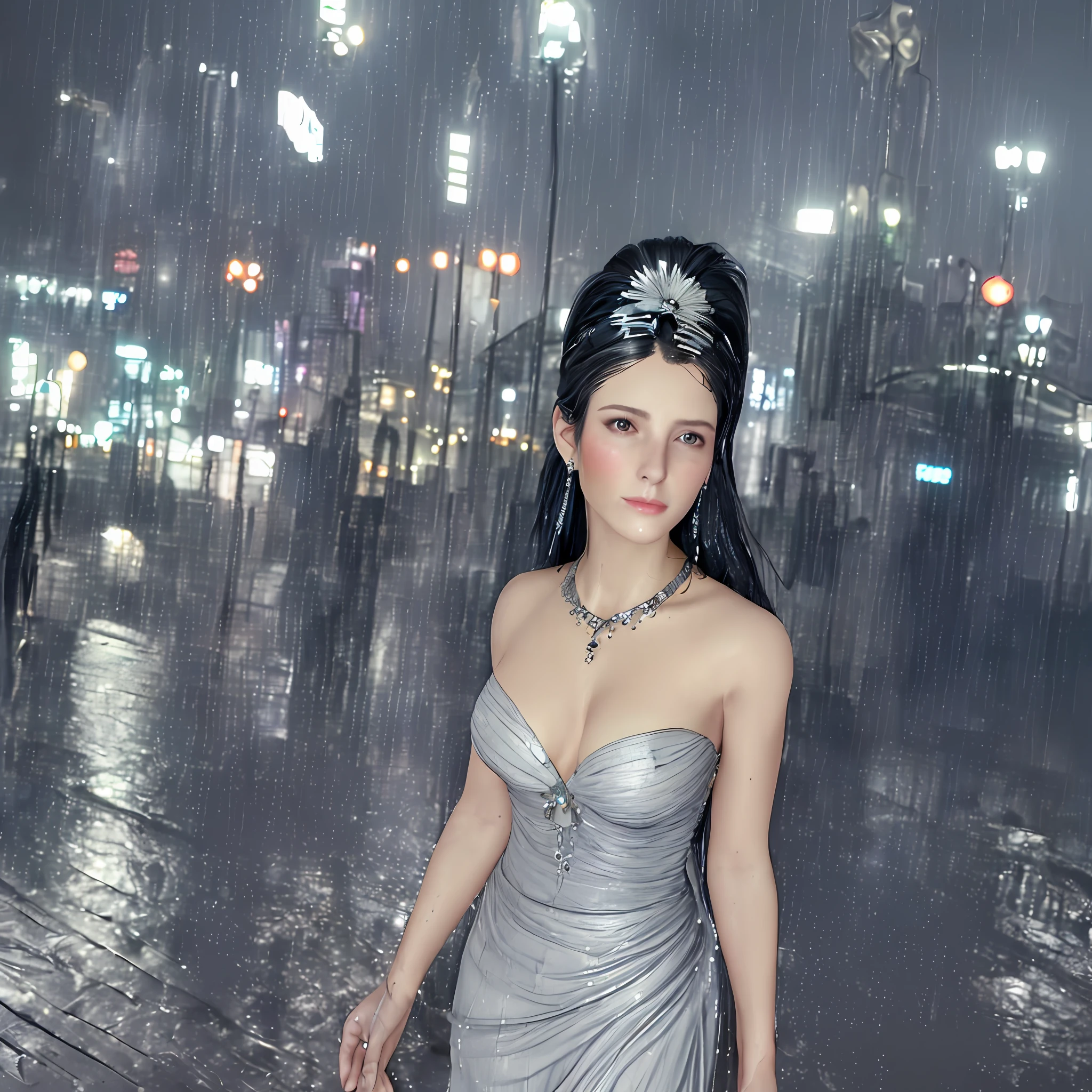 (8k, best quality, masterpiece: 1.2), 1girl, headwear, portrait, (long loose silver strapless dress: 1.1), necklace, blue nails, cute, cityscape, night, rain, wet, professional lighting, photon mapping, radiosity , physical rendering, (mature women: 1.1), (delicate and detailed, tight clothes, hair accessories: 1.2),