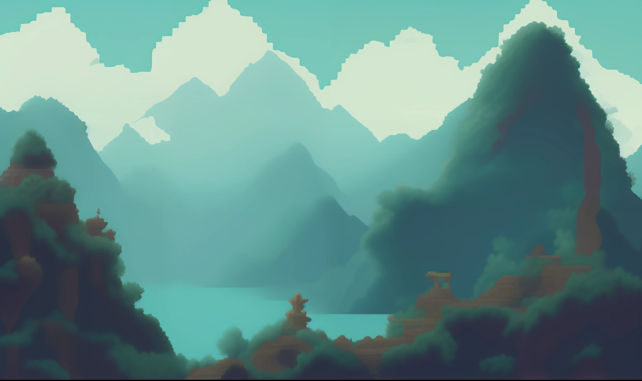 Pixel art video game cover art, Chinese landscape, surrounded by mountains in the distance, pixel art style, turquoise tone