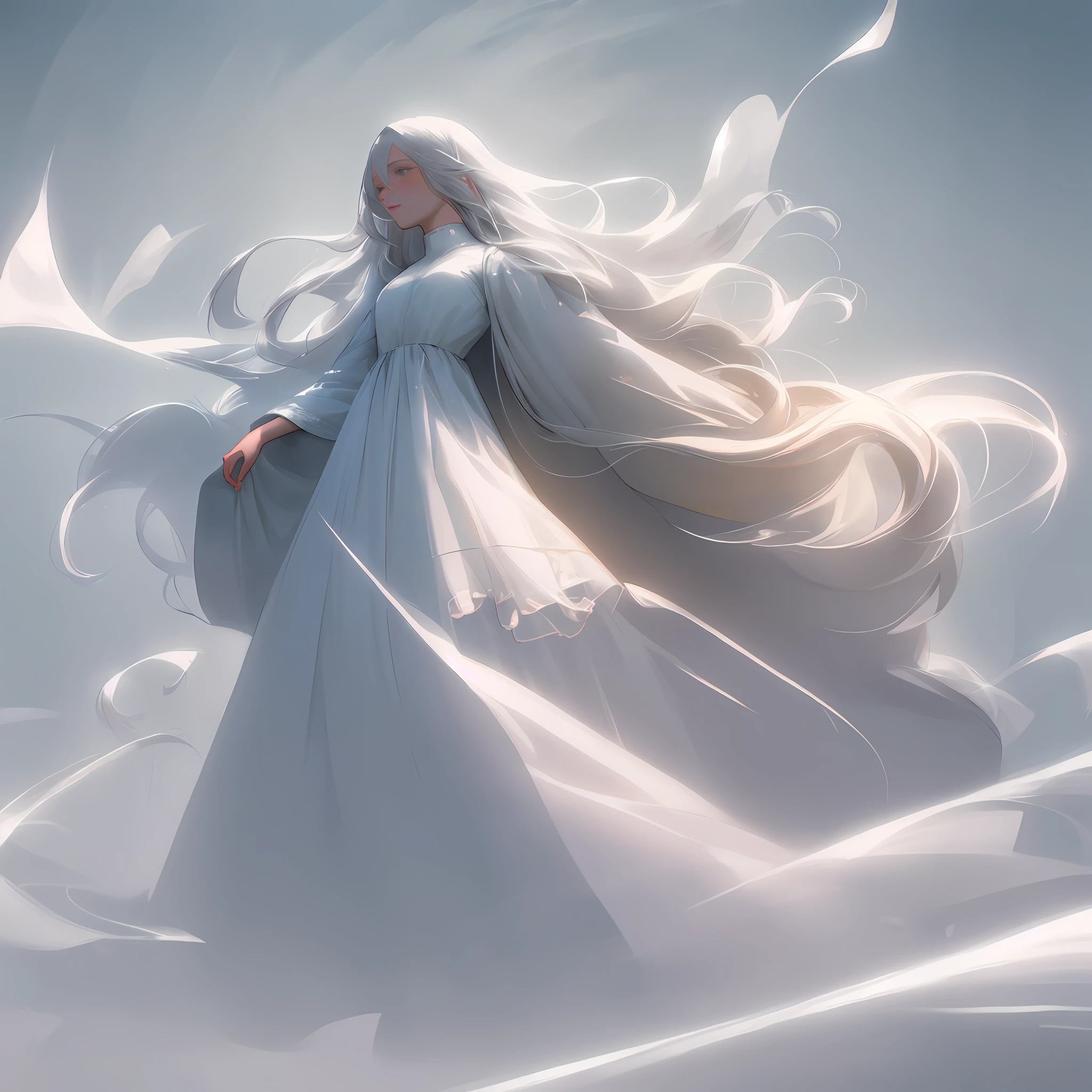 Woman with long gray hair standing in a field, stunning young ethereal figure, long shiny ethereal hair, long fluffy silver hair, gray-haired girl, white intricate dress, portrait albino mystery, white floating in the air Hair, fantastic beauty, glowing light! Digital painting