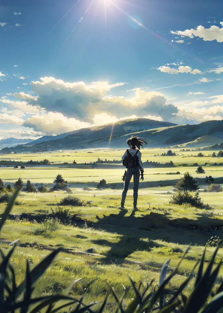 The vast sky, beautiful skyline, large grasslands, extremely tense and dramatic pictures, moving visual effects, high hanging Polaris, colorful natural light, girls in pants on the grasslands