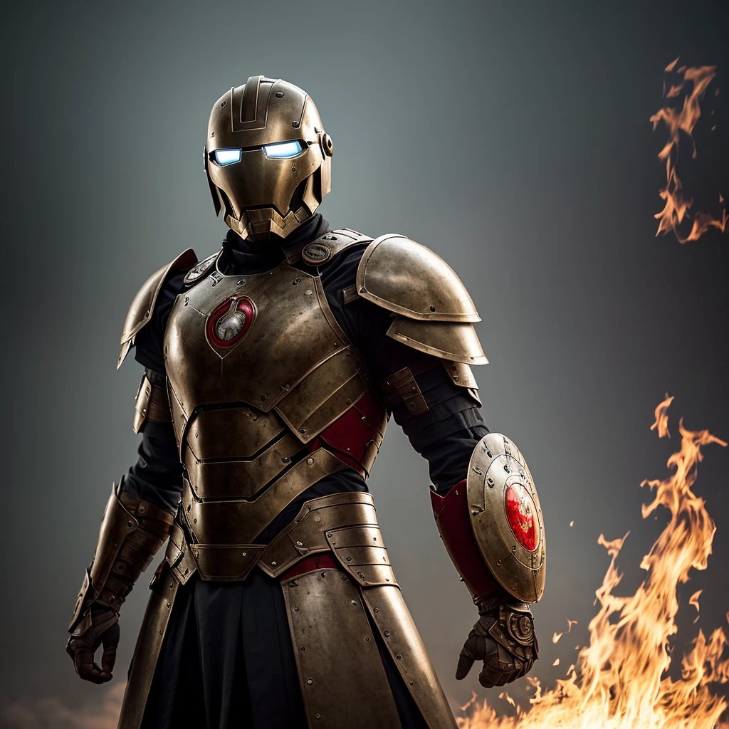 Create a photo of (((battle-hardened Roman))) in a (((bronze and red))) (((broken))) ((Roman themed)) (Iron Man suit) (((with the helmet of a Roman Warrior))) ((((with a shield)))) (((engulfed in flames))) with (((bright glowing eyes))). The purple color scheme should be muted and aged, with subtle variations in color that add depth and texture to the armor. The warrior should have a rugged and weathered appearance, with scars and other imperfections on their face and hands. The flames should be realistically rendered, with a mix of pink, purple, and white hues that flicker and dance in the air. The flames should also cast light and shadows onto the surrounding environment, adding to the realism of the scene. The environment should be dark and moody, with subtle hints of light that highlight the warrior and their sword. The setting could be a dimly lit dungeon, a misty forest, or a ruined fortress. The lighting should be carefully crafted to create a sense of depth and atmosphere, with realistic shadows and reflections. For the camera setup, use a high-end digital camera like a PhaseOne XF IQ4 with a 80mm lens and a sturdy tripod. Set the camera to ISO 200, f/4.5, and a shutter speed of 1/125. Use a combination of natural and artificial lighting to create a realistic and dramatic effect, with carefully placed light sources that mimic the environment. Use post-processing techniques to enhance the details and textures of the armor and sword, while maintaining a natural and authentic look. The final image should be rendered at the highest possible resolution, with a high level of rendering quality and minimal chaos. The end result should be a photo that looks like it was taken in a real-world setting.
