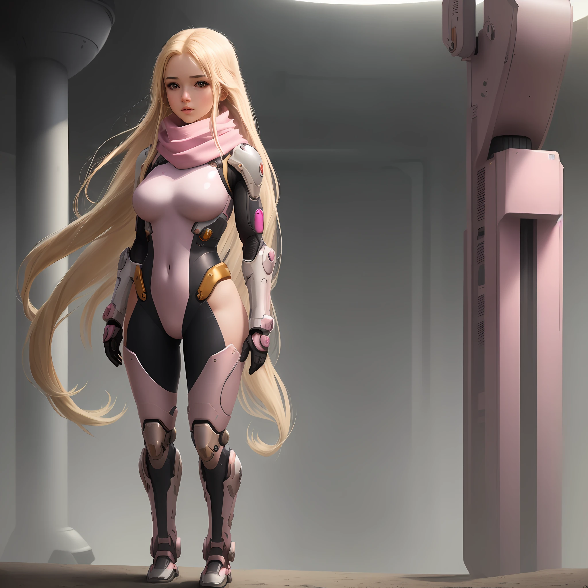 masterpiece, best quality, 1girl, bodysuit, full body , long hair, blonde hair, mechanical arms, medium breasts, pink scarf, science fiction, solo, standing, simple background, (overwatch)