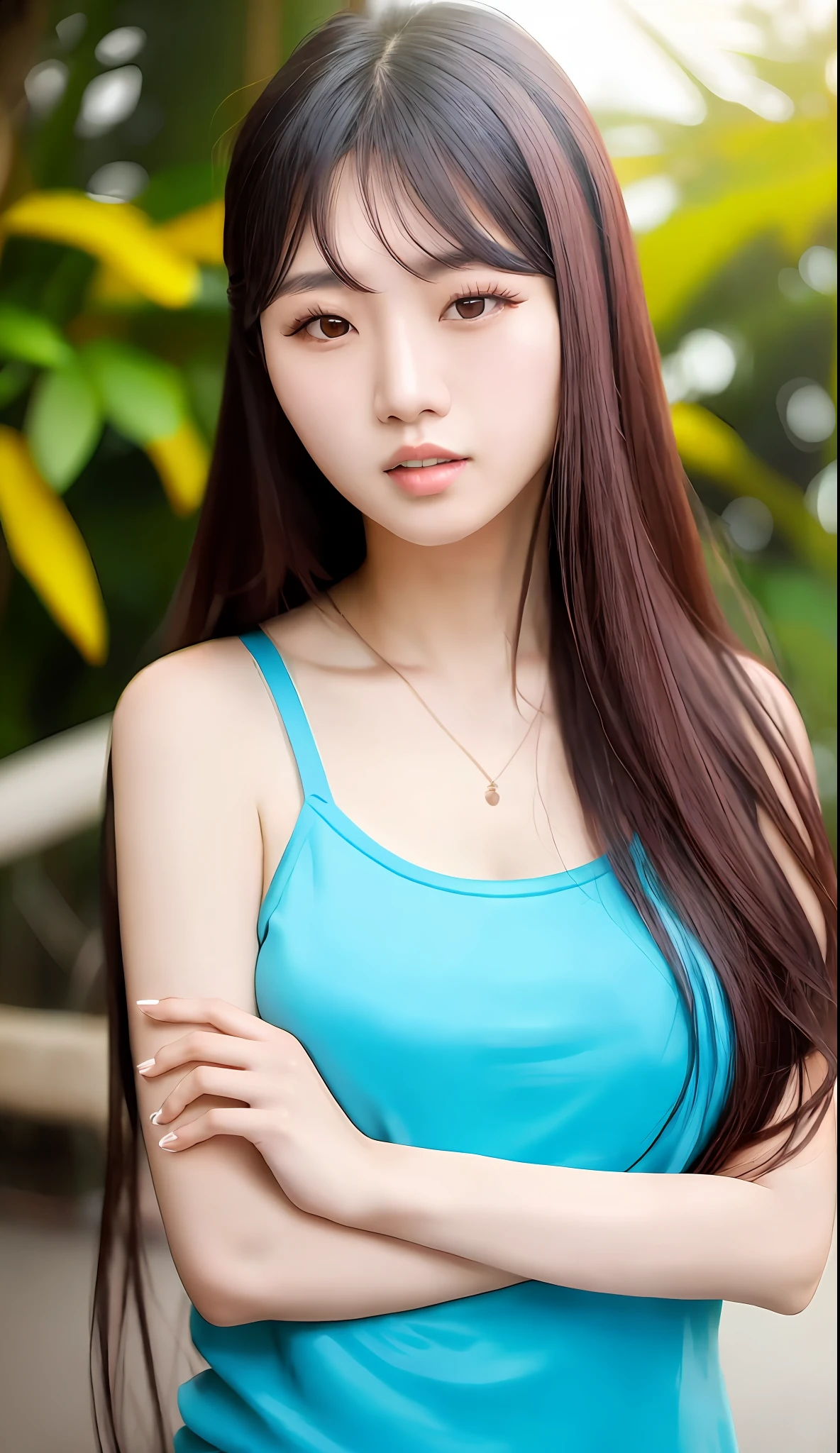 Asian woman with long hair and blue tank top, in the zoo,  beautiful sunshine, beautiful South Korean woman. beautiful korean girl Beautiful Korean woman. Korean girl. Jae Yeon Nam. Portrait of a Korean female idol. korean woman beautiful asian girl