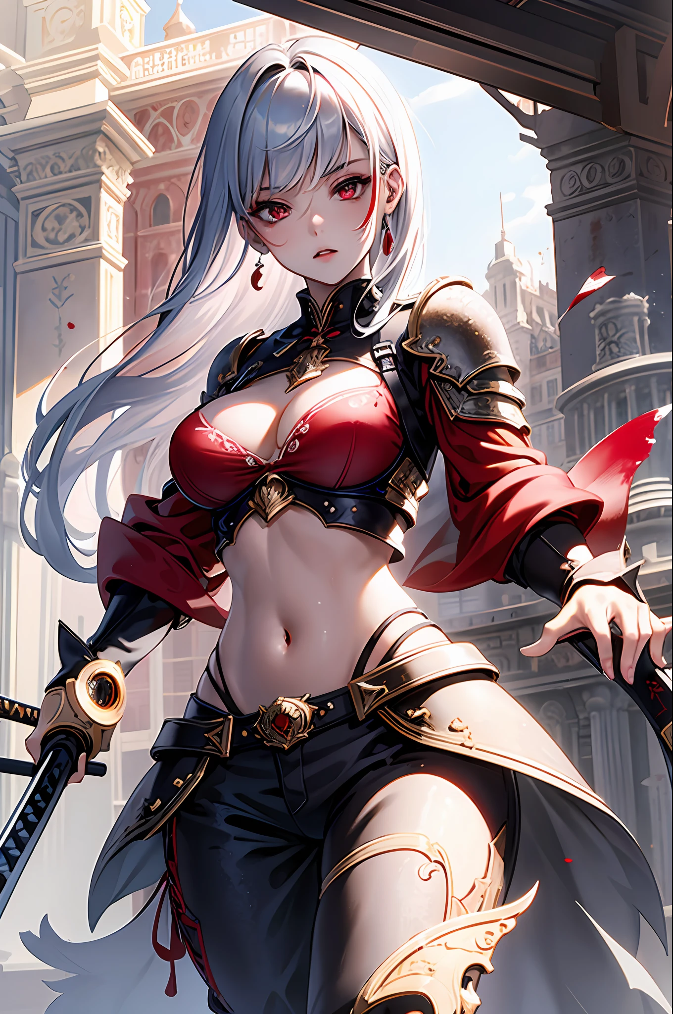 ((masterpiece)), (((best quality))), ((ultra detail)), ((illustration)), reflection, sharp focus, front lighting, intense shadows, realistic (beautiful detailed eyes), eyelashes, extremely tender and beautiful girl, ((red eye)), silver hair, jacket, trousers, long hair, with a katana, navel, medium breasts, shiny skin, cinematic lighting mask, beam tracing, depth of field, dynamic angle, looking at the viewer, (((best building))), (blood on face)