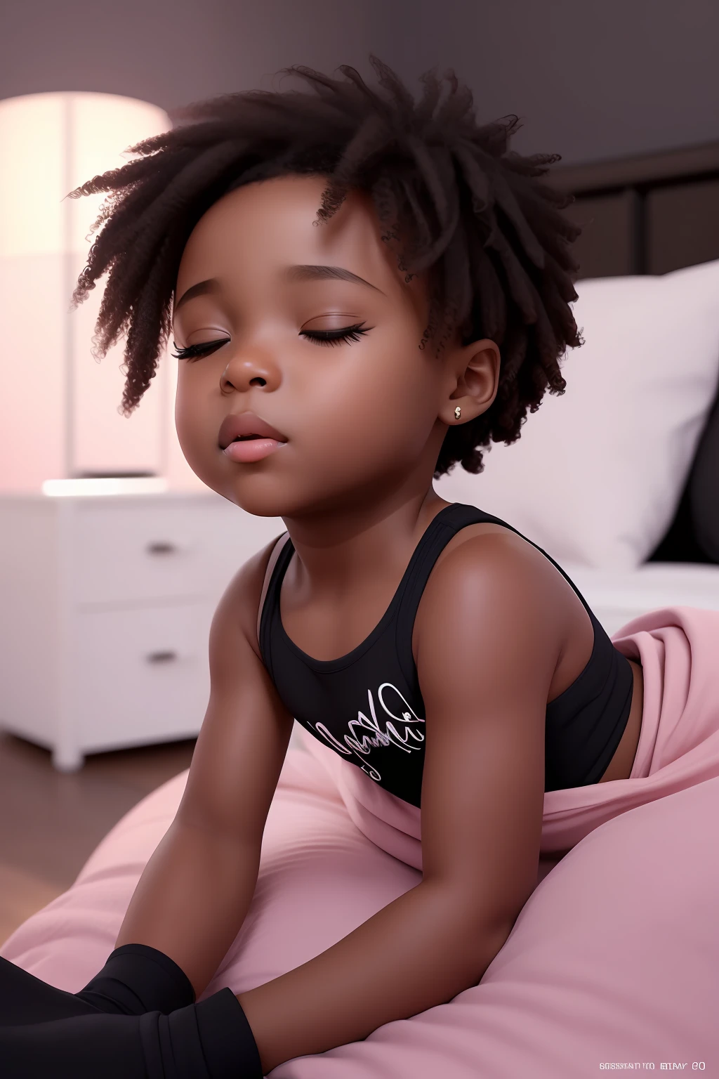 realistic portrait of a baby, African American ((dark brown skin color)), ((chibi)), ((sleeping)), ((bed, bedroom)), wearing tank top, black pants and black shoes, fashion current, african style hair, dark lighting background, close-up, product view, detailed facial details, perfect face, sharpness, trend art, sharp facial details, cgsociety, ultra high quality digital art, exquisite hyper details, 4k, 8k soft lighting, --iso 100 dreamy, fashion -