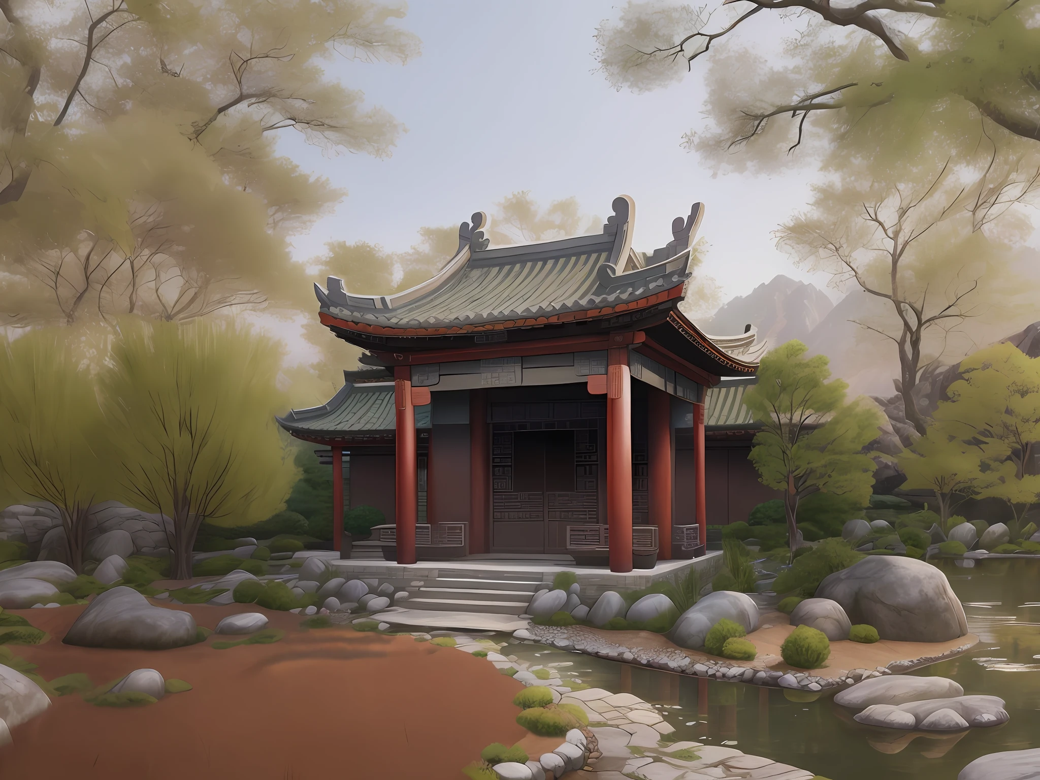 Ancient Chinese style, lakeside, rockery, HD