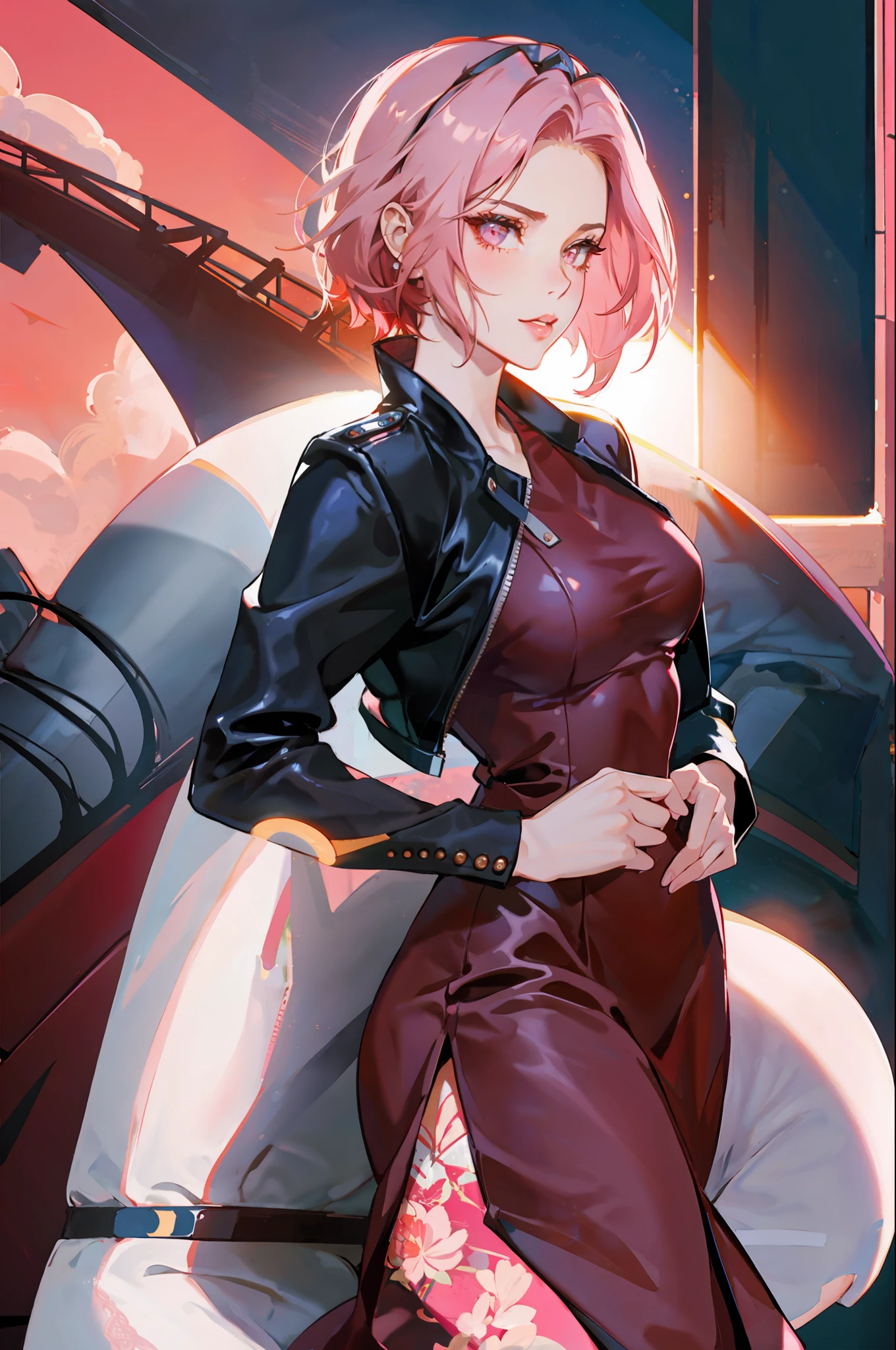 Woman in office, beautiful woman, seductive, dark, standing in office, sexy eyes, red dress, forehead showing, arms crossed, pink hair, delicate, young, short hair, full body, from League of Legends, trending on artstation , by Rhads, Andreas Rocha, Rossdraws, Makoto Shinkai, Laurie Greasley, Lois Van Baarle, Ilya Kuvshinov and Greg Rutkowski