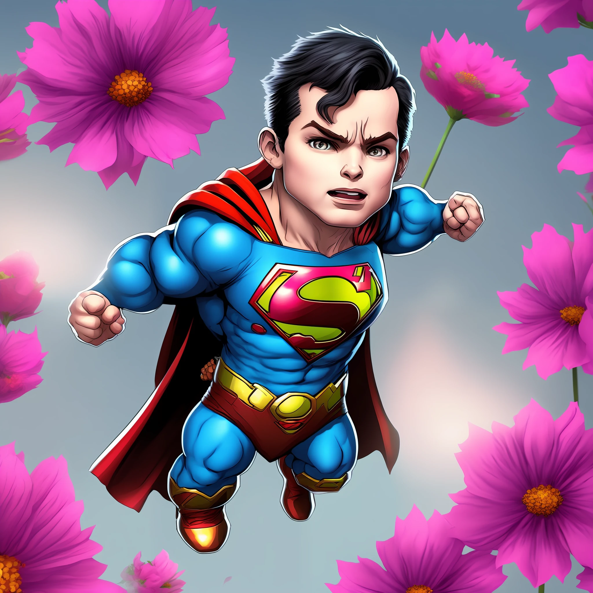 digital art of a cute superman surrounded by pink flowers, day light, intricate, 8k resolution, super high quality,  cinematic light, elegant, highly detailed, centered, digital painting, artstation, concept art, smooth, sharp focus