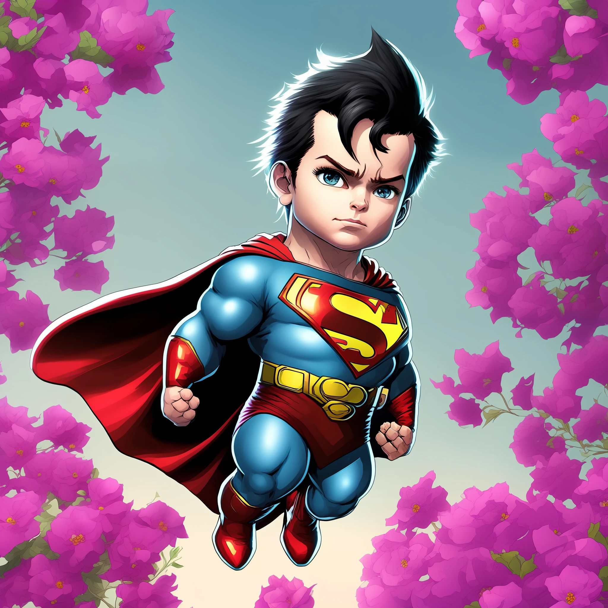 digital art of a cute superman surrounded by pink flowers, day light, intricate, 8k resolution, super high quality, cinematic light, elegant, highly detailed, centered, digital painting, artstation, concept art, smooth, sharp focus