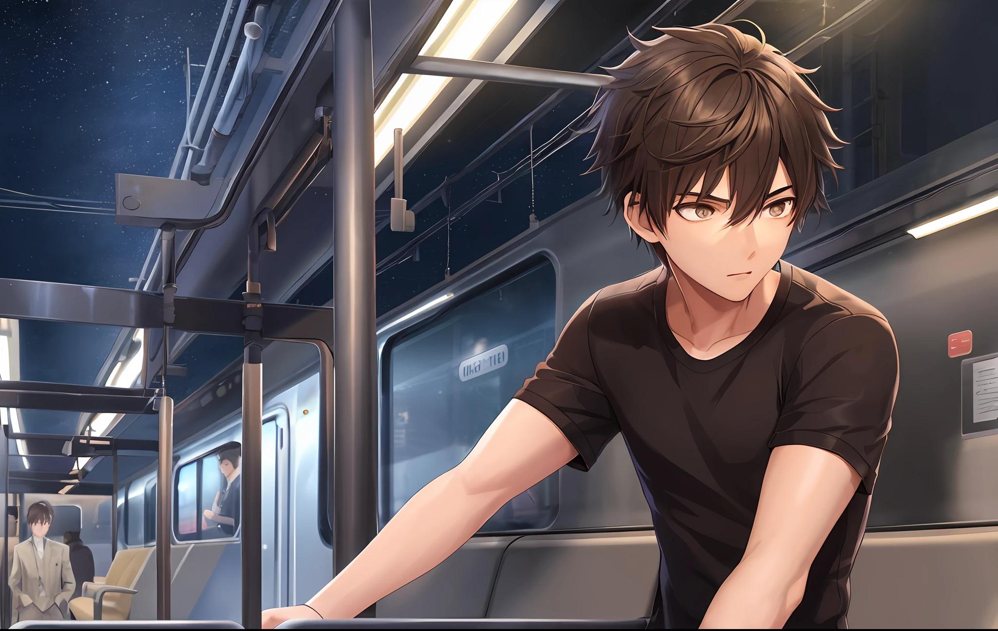 1boy,teenager,skinny,short,fantastic detective,pitch dark at night,a train in the distance,brown eyes,dark brown hair,extremely detailed background,best quality,highly detailed,masterpiece