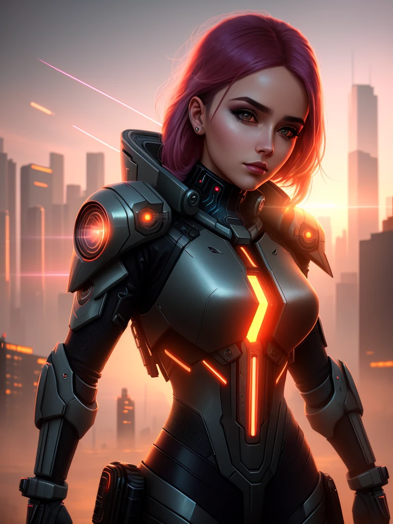futuristic cyberpunk woman portrait, apocalyptic scenery, Best quality, realistic, extremely delicate and beautiful, sunset lighting, cutout light, professional lighting, dynamic pose, looking at viewer