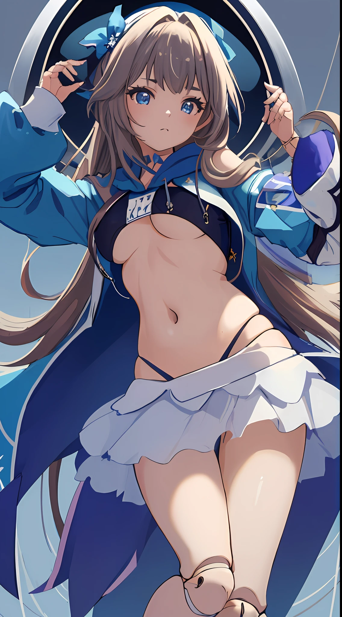 "Masterpiece, best quality, far view, (1 girl), Herta, blue hoodie, belly button, doll joints, blue swimsuit, perfection, beautiful, digital art, from below, hyper detailed, trending on ArtStation."