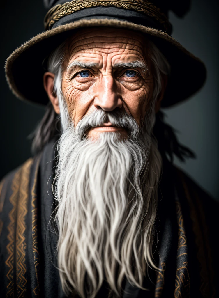 A portrait of a wizard, bearded, wrinkled, weathered, with piercing eyes, detailed face, high details, photography, dark studio, rim light, Nikon D850, 50mm, f/1.4