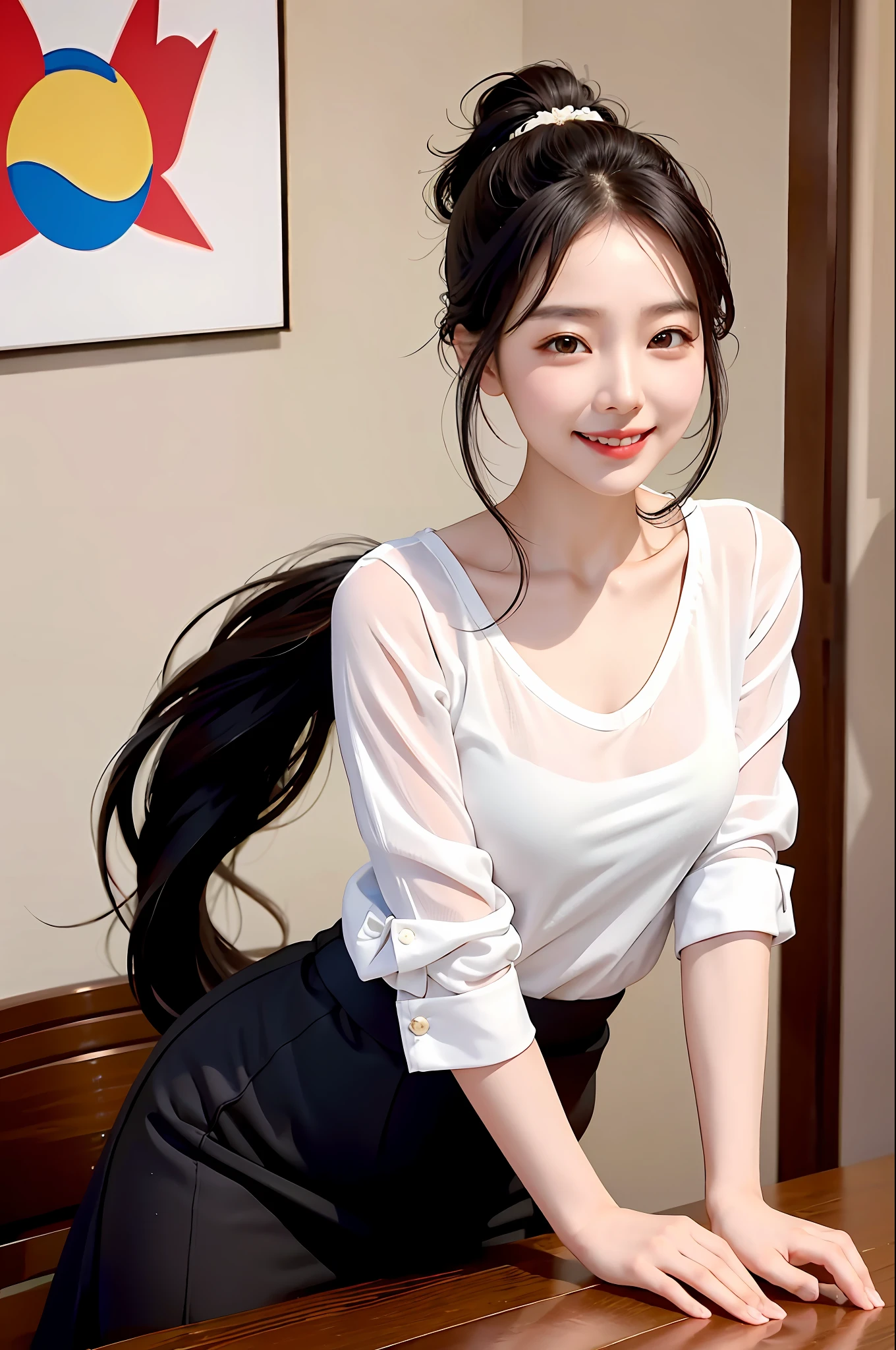 Korean girl, black hair, older sister, putting her hair in a ponytail and smiling to the narrator, high definition picture, masterpiece, (beautiful girl, cafe, enchanting, virgin, sexy), (secretary), coquettish smile, coquettish woman,