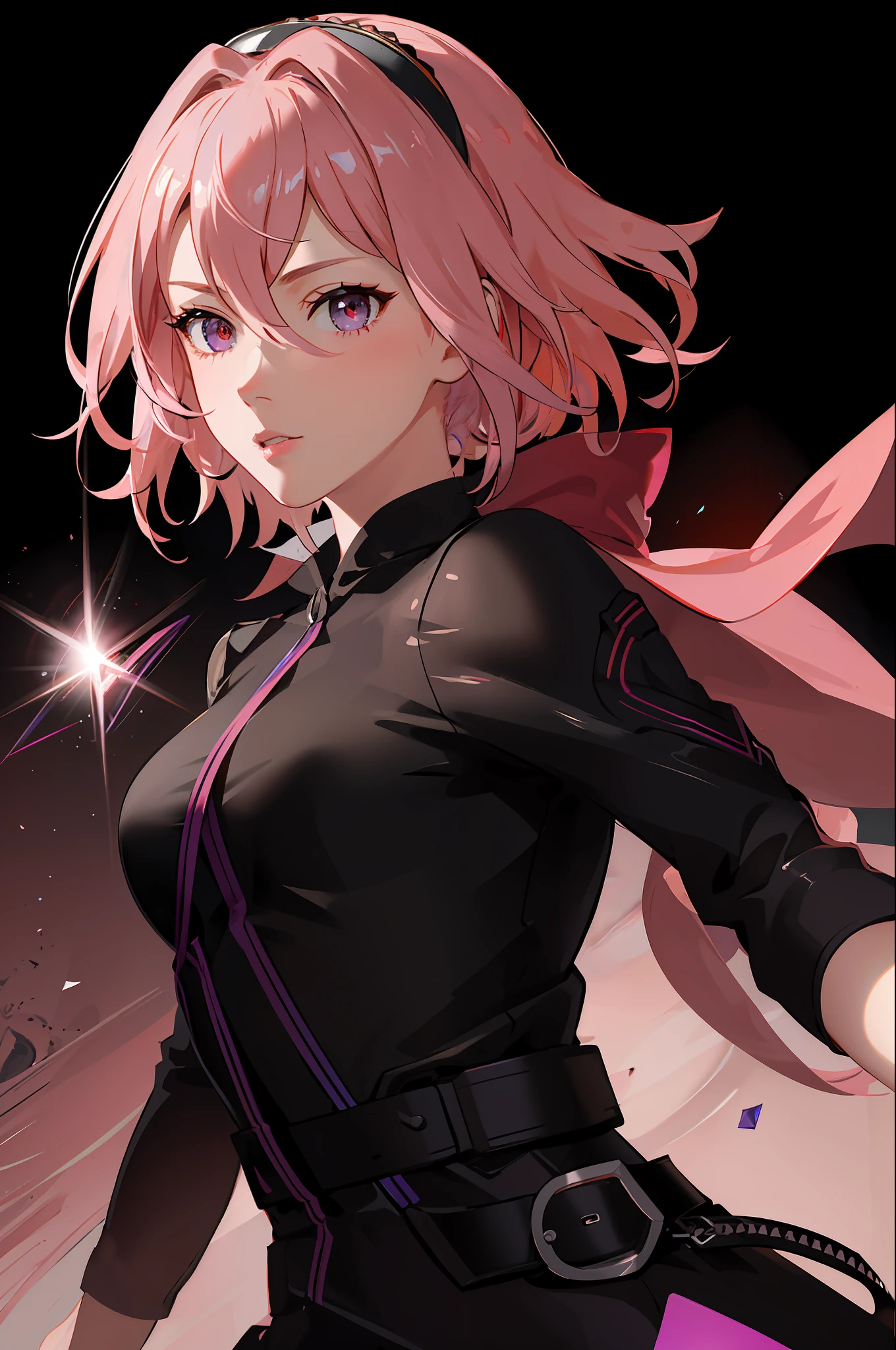 (Masterpiece, Best quality, Ultra detail, Best shadow), (White background), (Beautiful facial detail), High contrast, (Best lighting, Extremely delicate and beautiful), (Cinematic light)), Vivid color, Hyper detail, Intricate Detail, Standing Painting (1 Girl, Solo, Front, Pink Hair, Showing Forehead, Pointed Face, Short Hair, Long Fluorescent Coat (Broken Glass), Costume Dress, Red Eyes, Hair Between Eyes), Swirling Glow around the characters, purple light particles, magic circle, Cyberpunk style