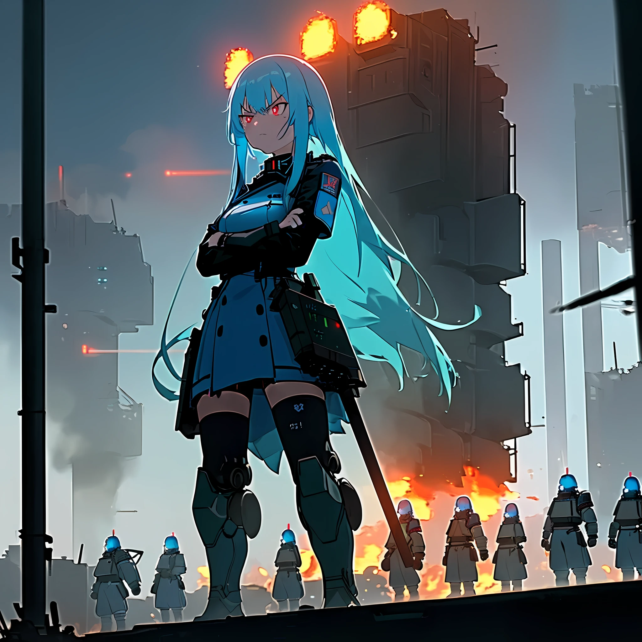 (best quality, masterpiece, extremely detailed), 1girl, solo, long neon blue hair, neon red eyes, angry look, blue military officer dress, arms crossed, sanding still, destroyed futuristic city on fire, warfare, burning background, night, grim, lighting, HDR, robot soldiers line up in formation,