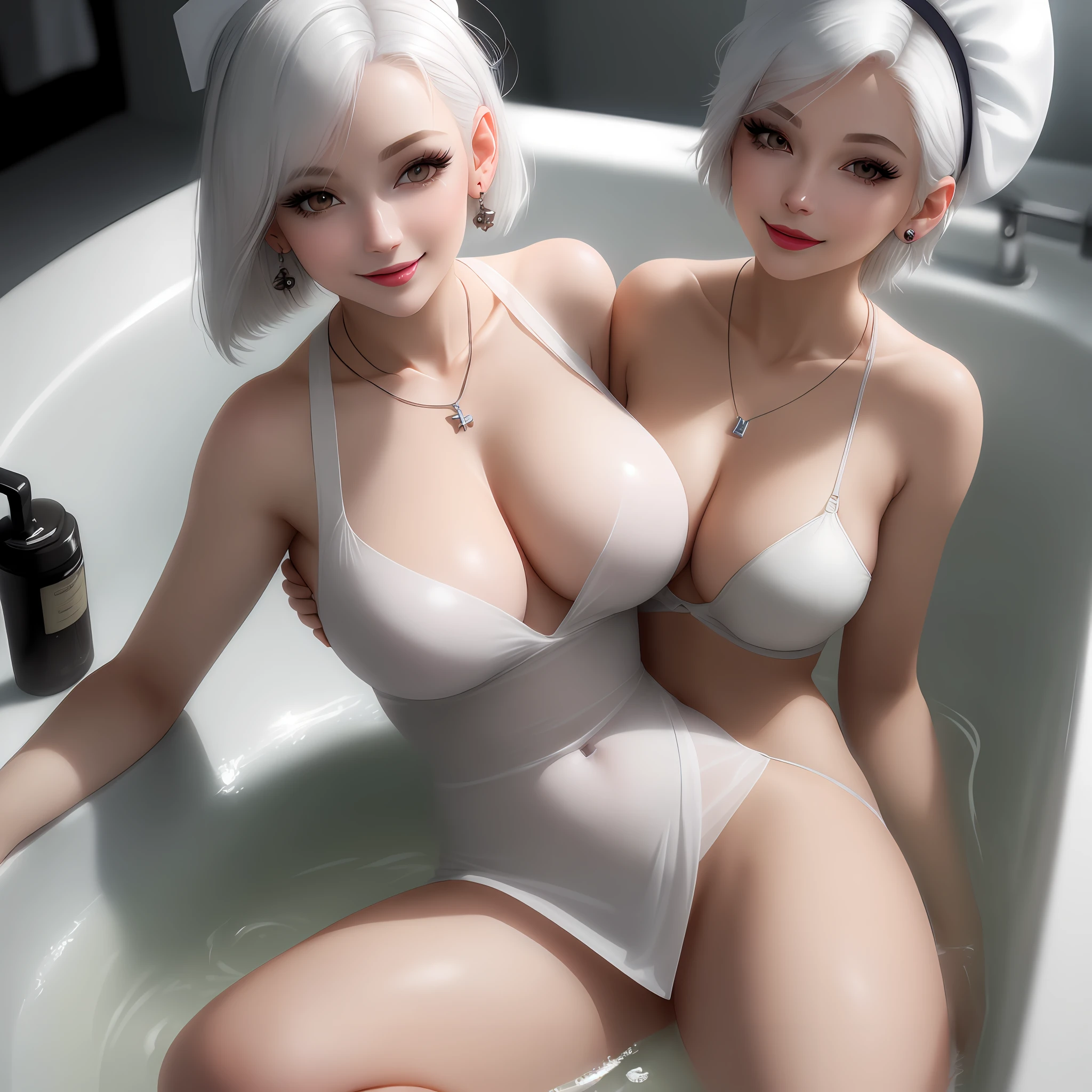 Looking down, female nurse v6 lying in the bathtub, nurse cap, injection, necklace, open chest, earrings, full body, short white hair, translucent clothes, visible, extreme quality, ultra-high definition, RAW photo, realism: 1.25), (bright lip gloss, long eyelashes, smooth face, glowing skin, natural shadows, wide light, wide light, depth of field, strong color, subtle caustics: 0.8), smile, (big tits),