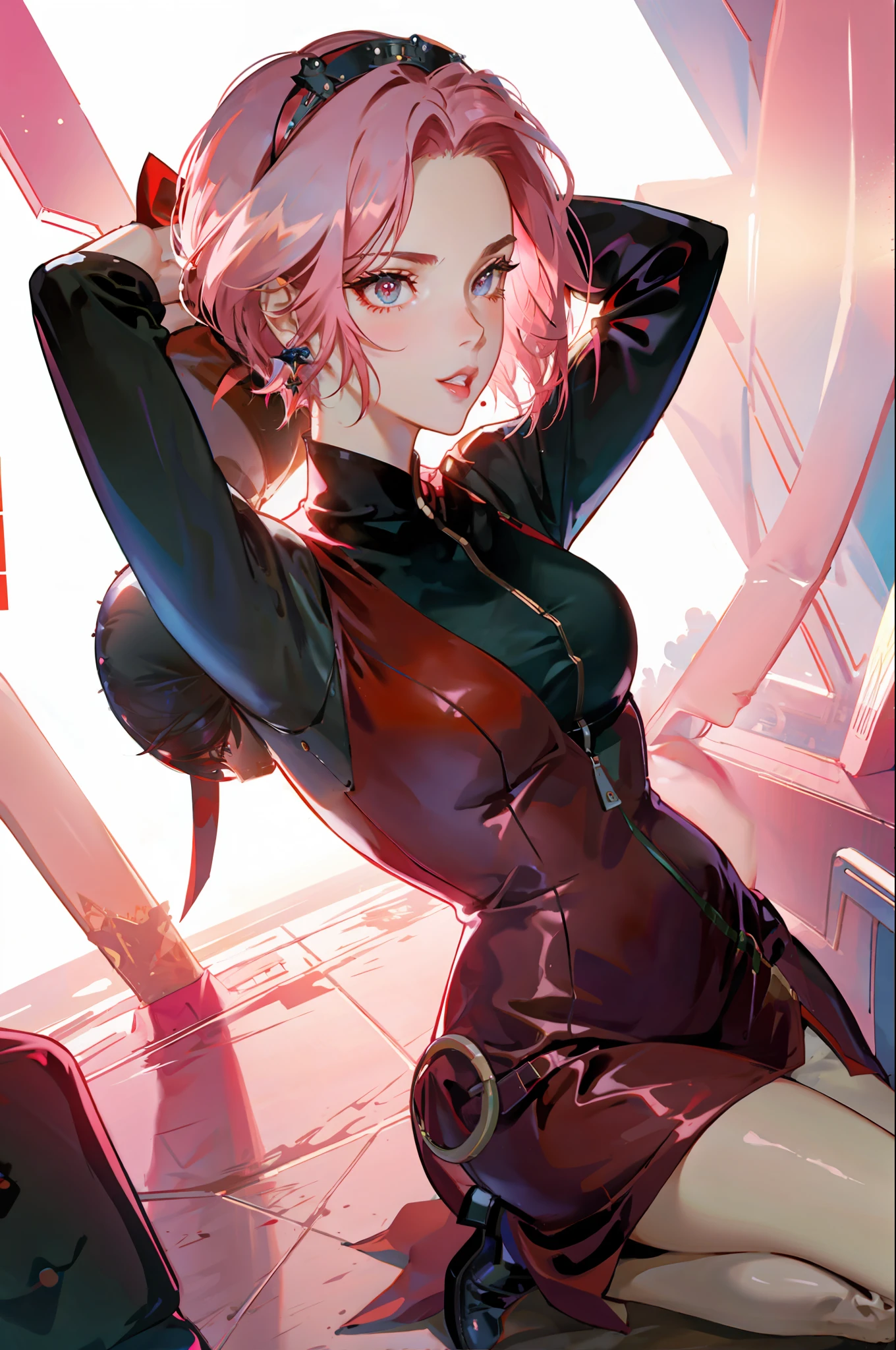 Woman in office, beautiful woman, seductive, dark, standing in office, sexy eyes, red dress, forehead showing, arms crossed, pink hair, delicate, young, short hair, full body, from League of Legends, trending on artstation , by Rhads, Andreas Rocha, Rossdraws, Makoto Shinkai, Laurie Greasley, Lois Van Baarle, Ilya Kuvshinov and Greg Rutkowski
