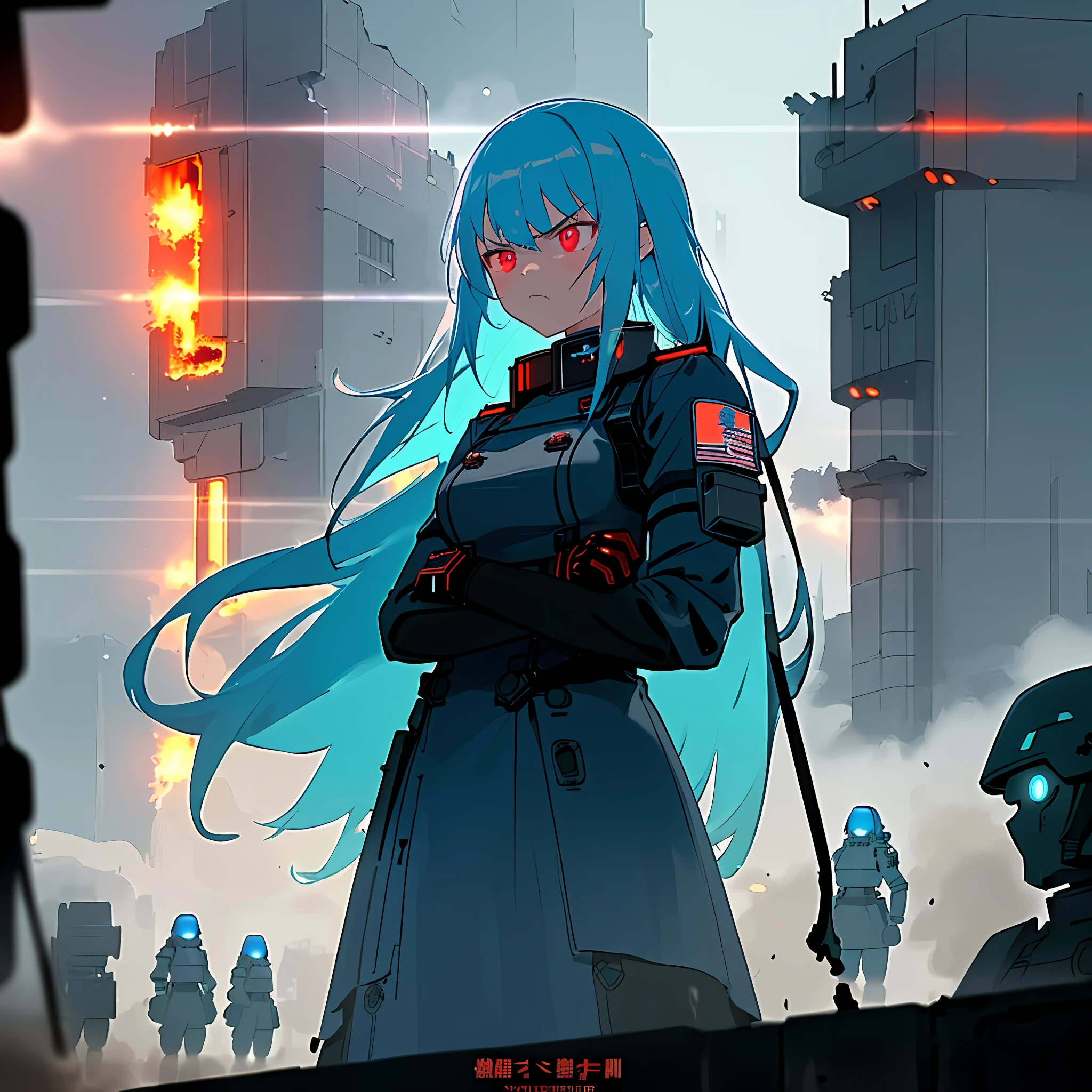 (best quality, masterpiece, extremely detailed), 1girl, solo, long neon blue hair, neon red eyes, angry look, blue military officer dress, arms crossed, sanding still, destroyed futuristic city on fire, warfare, burning background, night, grim, lighting, HDR, black robot soldiers line up in formation,