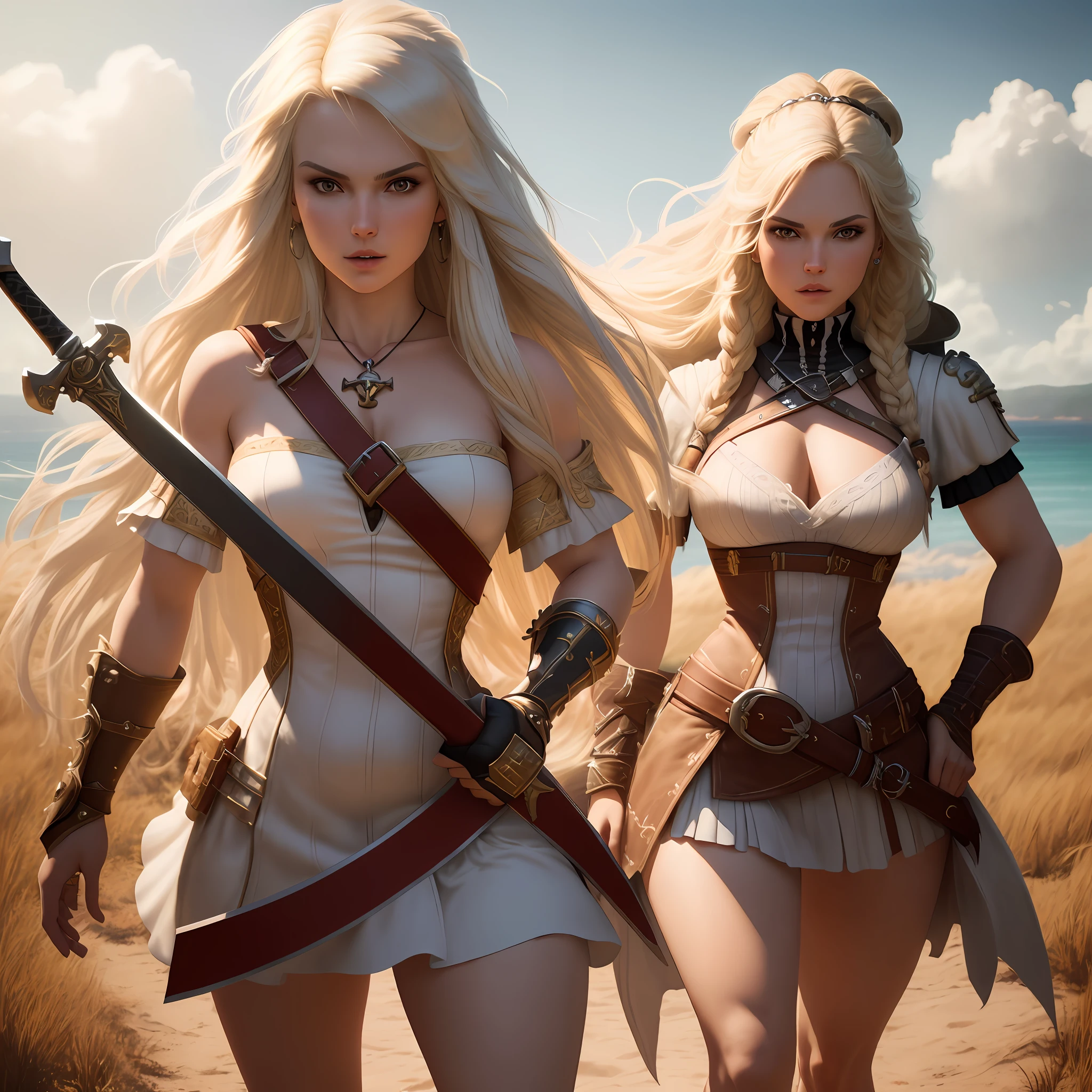masterpiece, high quality, ground focus, (perfect face: 1.1), (high detail: 1.1), (dramatic, 1.5), (long white hair: 1.3) action shot, strong legs, 1 muscular woman, dress in Caribbean pirate style clothing: 1.3, gold jewelry: 1.3, long blond hair: 1.3, holding long pirate sword 1.2), (in open plains, daytime, bright light: 1.3), young pirate, battle stance, hyperdetailed, digital artwork, studio quality, smooth rendering, unreal engine 5 rendering, octane rendering, 8K, blonde Brazilian woman with German features