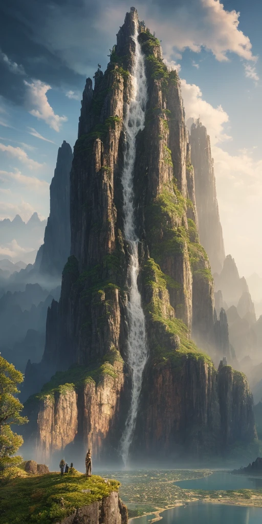 Masterpiece, best quality, high quality, extremely detailed CG unity 8k wallpaper, landscape, outdoor, sky, clouds, sky, no humans, mountain, landscape, water, tree, blue sky, waterfall, cliff, nature, lake, river , cloudy skies, award winning photography, bokeh, depth of field, HDR, bloom, chromatic aberration, photorealism, very detailed, trending on artstation, trending on CGsociety, intricate, high detail, dramatic, half way art