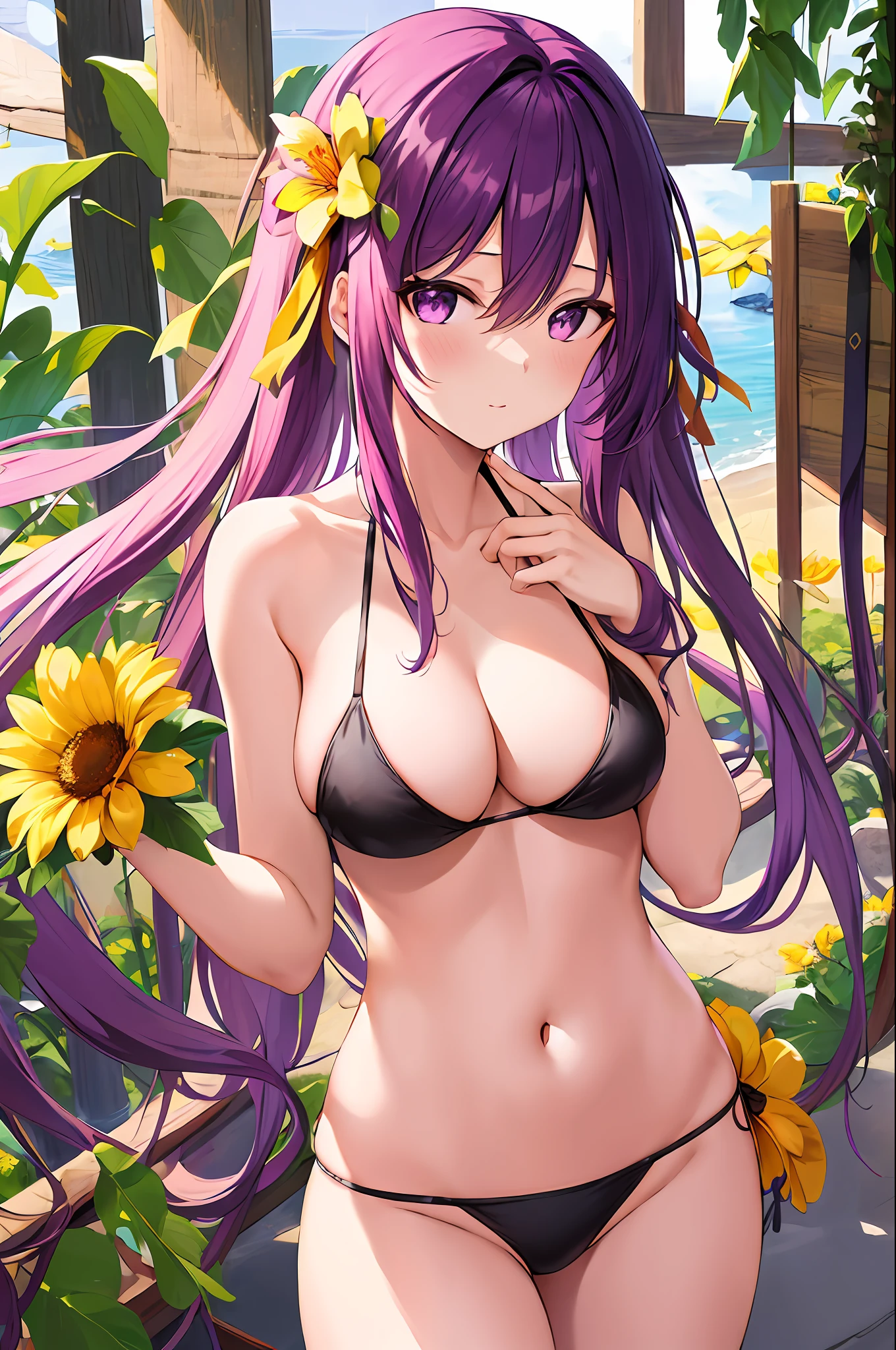 masterpeace, best quality, highres, 1girl, long hair, purple eyes, hair ornament, hair between eyes, bangs, hair flower, collarbone, yellow flower, hair ribbon, halterneck, breasts, pink ribbon, very long hair, bikini, hand on own chin,