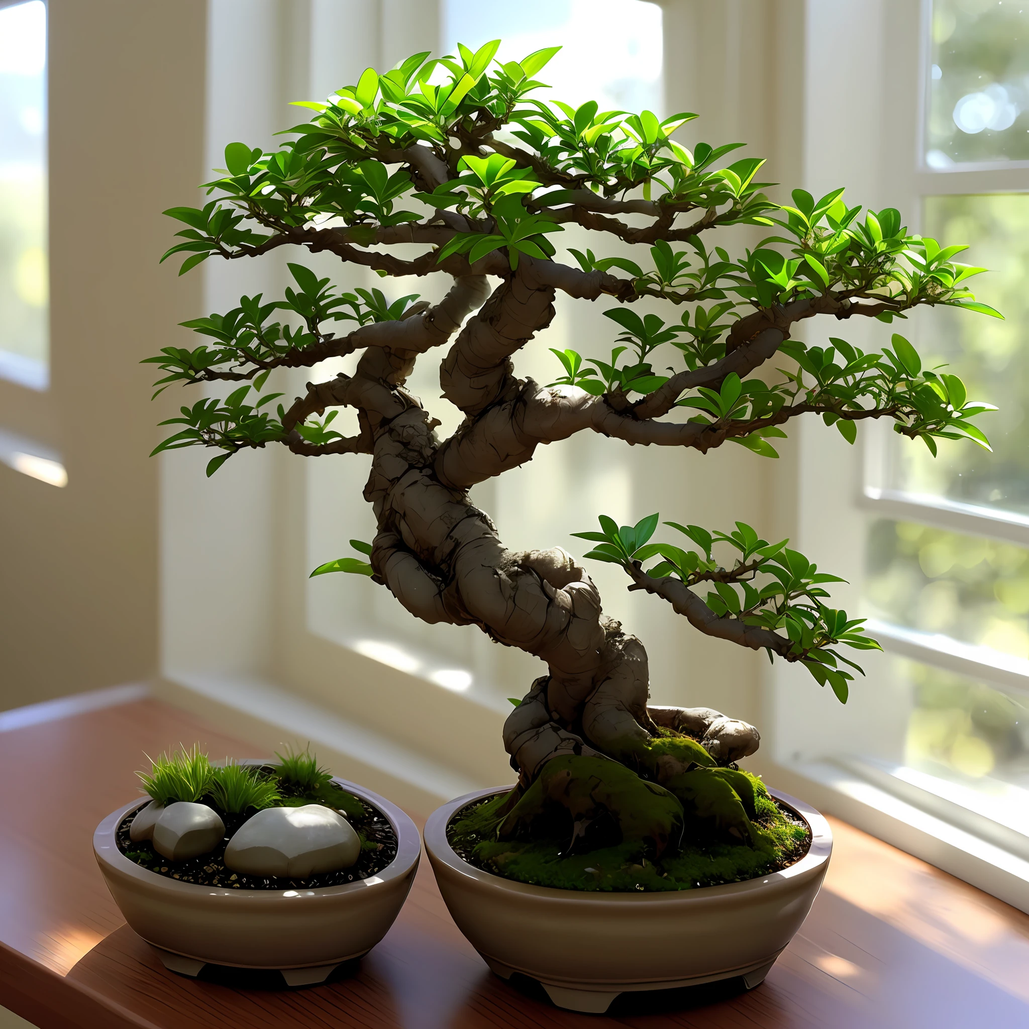 Miniature bonsai placed on the table sunlight shines through the window