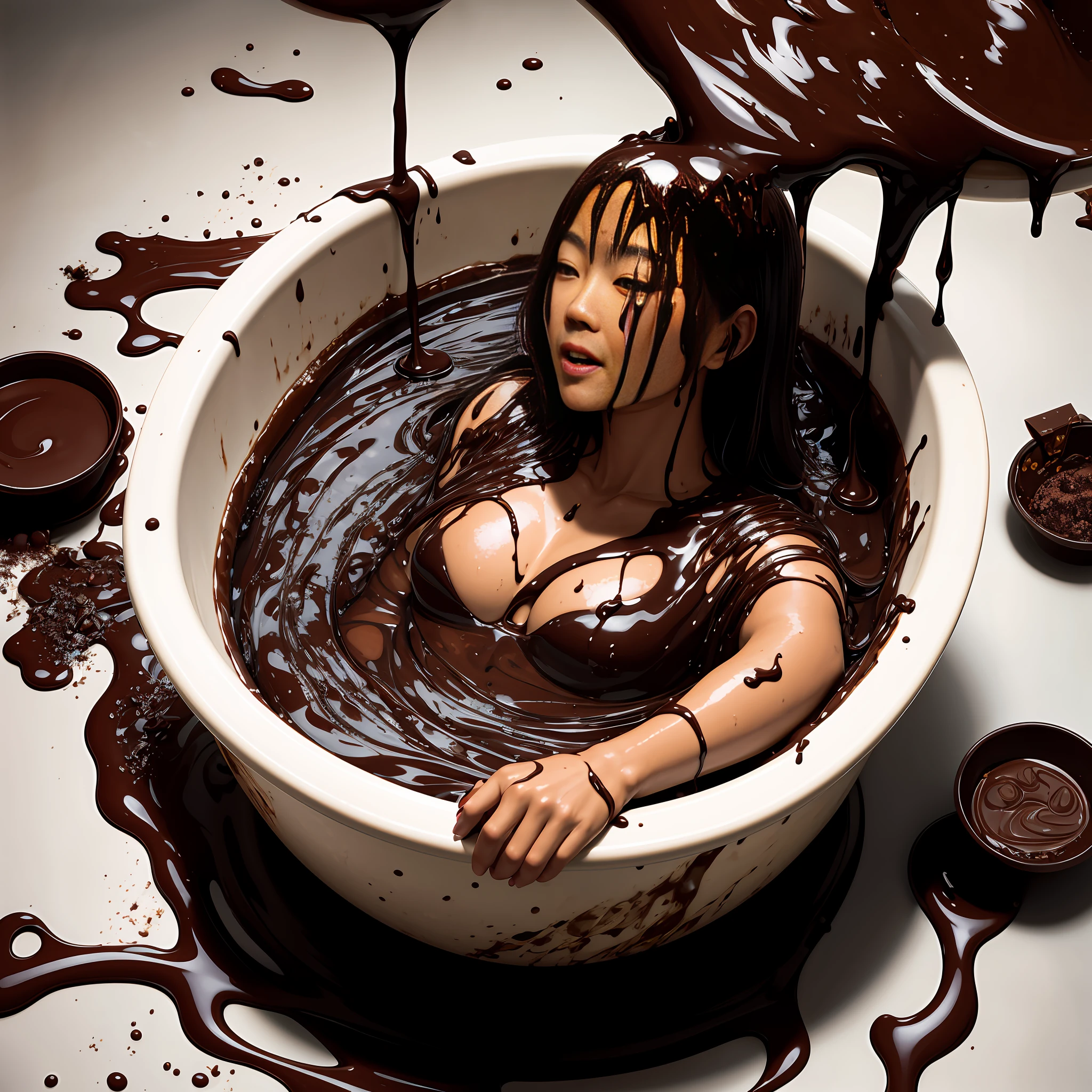 asian women in a tub of chocolate, ((chocolate pouring down)), ((chocolate dripping from above)) swimming in a pool of pudding, black oil bath, smothered in melted chocolate, sludge, covered with liquid tar. dslr, oozing black goo, chocolate river, happy!!!, fuji choco, onsen, realistic young gravure idol, made of smooth black goo, chocolate, Asian woman, chocolate covered woman in a chocolate covered tub with chocolate sauce, smothered in melted chocolate, chocolate art, chocolate. intricate background, some chocolate sauce, dark chocolate painting, by david la chapelle, chocolate sauce, covered with pudding. dslr, chocolate, chocolate. highly detailed