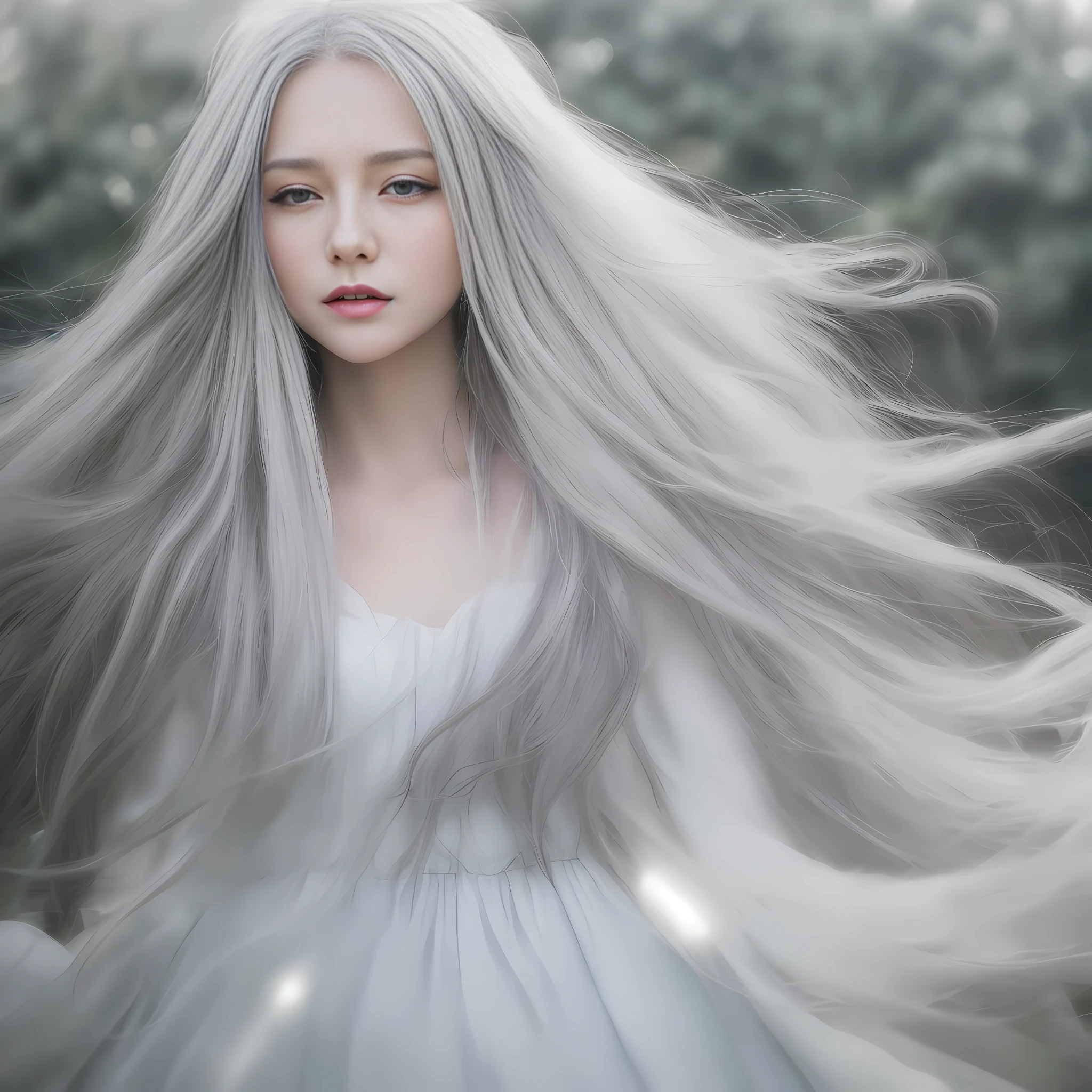Woman with long gray hair standing in a field, stunning young ethereal figure, long shiny ethereal hair, long fluffy silver hair, gray-haired girl, white intricate dress, portrait albino mystery, white floating in the air Hair, fantastic beauty, glowing light! Digital painting