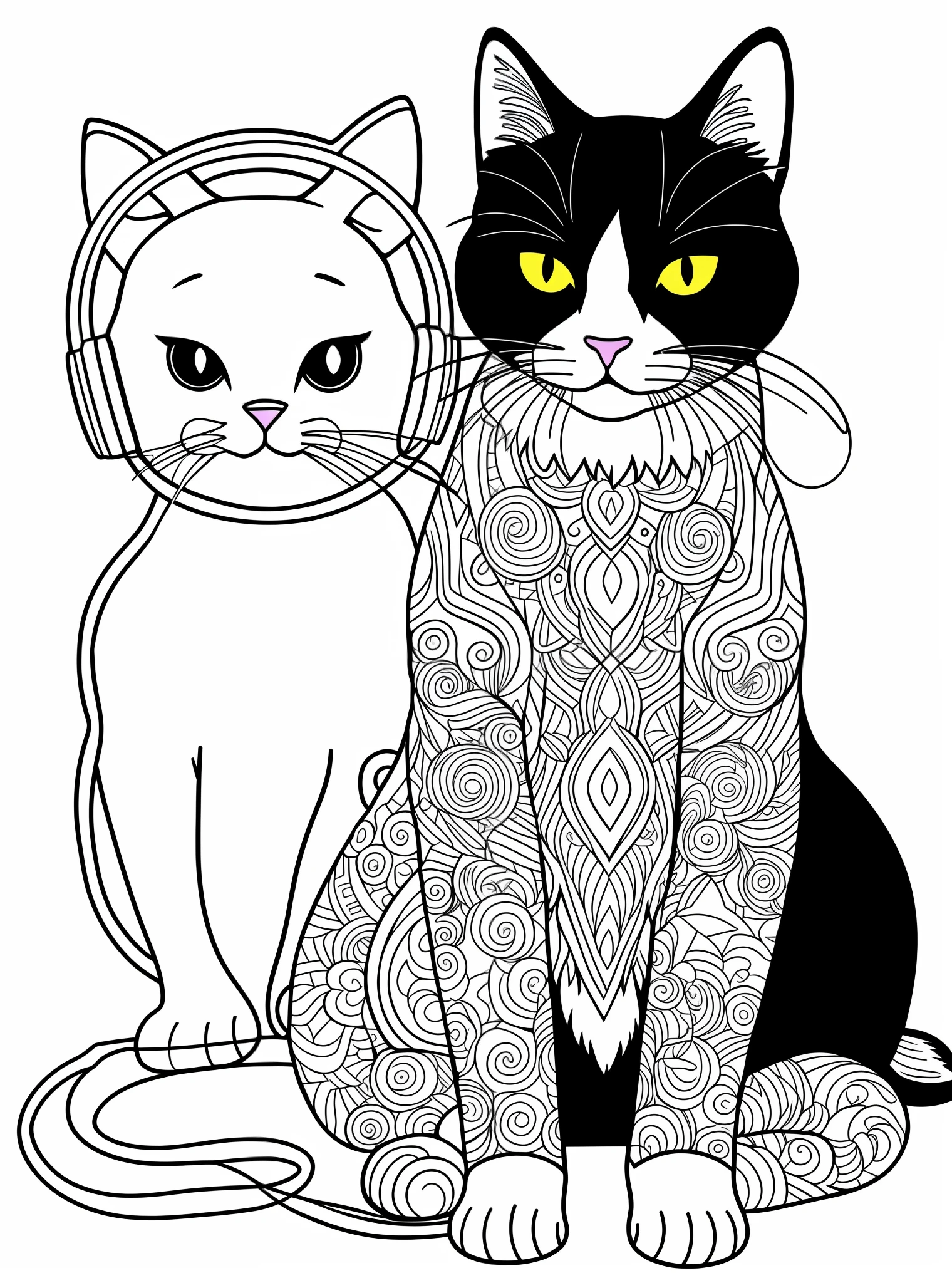 Create a black and white cat with headphones for a coloring book