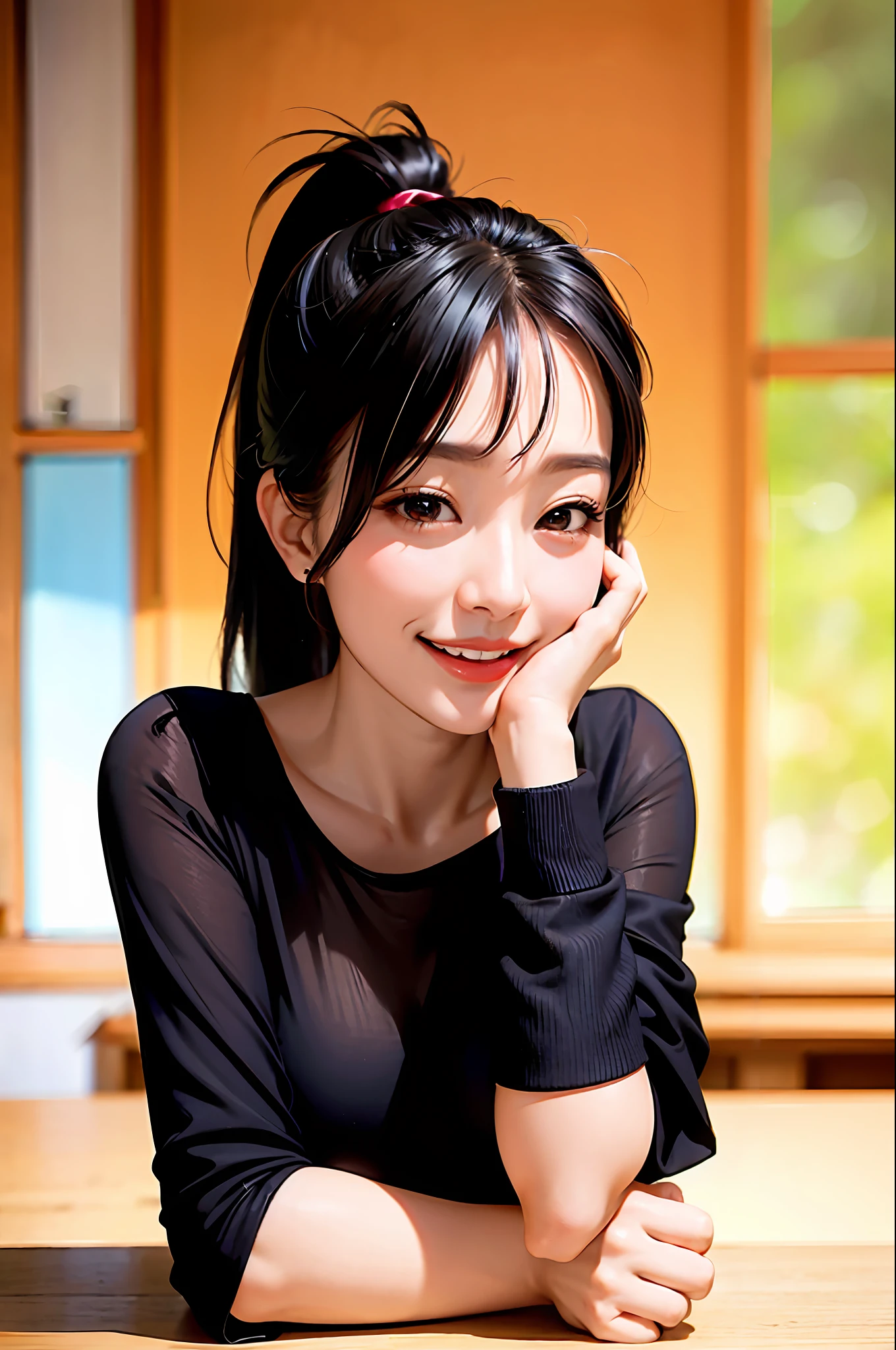 Korean girl, black hair, older sister, putting her hair in a ponytail and smiling to the narrator, high definition picture, masterpiece, (beautiful girl, cafe, enchanting, virgin, sexy), (secretary), coquettish smile, coquettish woman,