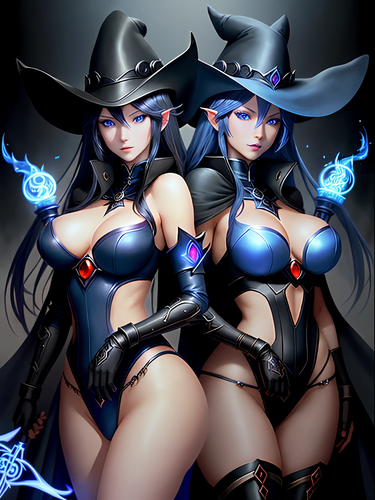 Black mage from the anime Yu-Gi-Oh in an ultra realistic and detailed version very sexy cute enthralling, detailed glowing blue eyes, realistic black mage, detailed skin, depth, vibrant colors, cleavage, medium breasts, slim waist, thick legs, face delicate and detailed, black lipstick, dark eyeshadow, realistic flowing hair, human, beautiful girl, a unique work of art, homogeneous eyes, symmetrical eyes, short gloves, magic, blurred dark background, hd maximum quality realistic photography style 50mm lens raw