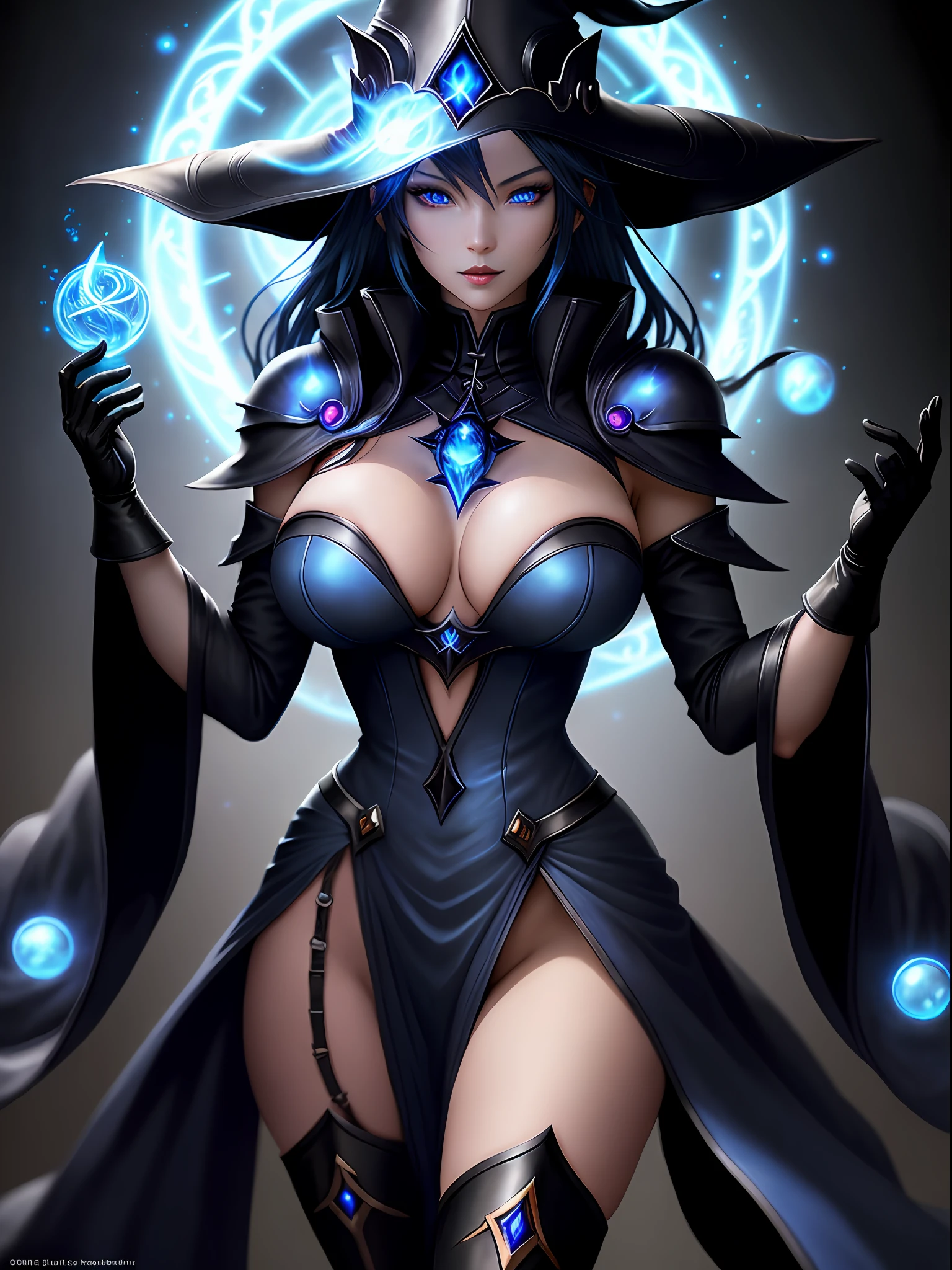 Black mage from the anime Yu-Gi-Oh in an ultra realistic and detailed version very sexy cute enthralling, detailed glowing blue eyes, realistic black mage, detailed skin, depth, vibrant colors, cleavage, medium breasts, slim waist, thick legs, face delicate and detailed, black lipstick, dark eyeshadow, realistic flowing hair, human, beautiful girl, a unique work of art, homogeneous eyes, symmetrical eyes, short gloves, magic, blurred dark background, hd maximum quality realistic photography style 50mm lens raw