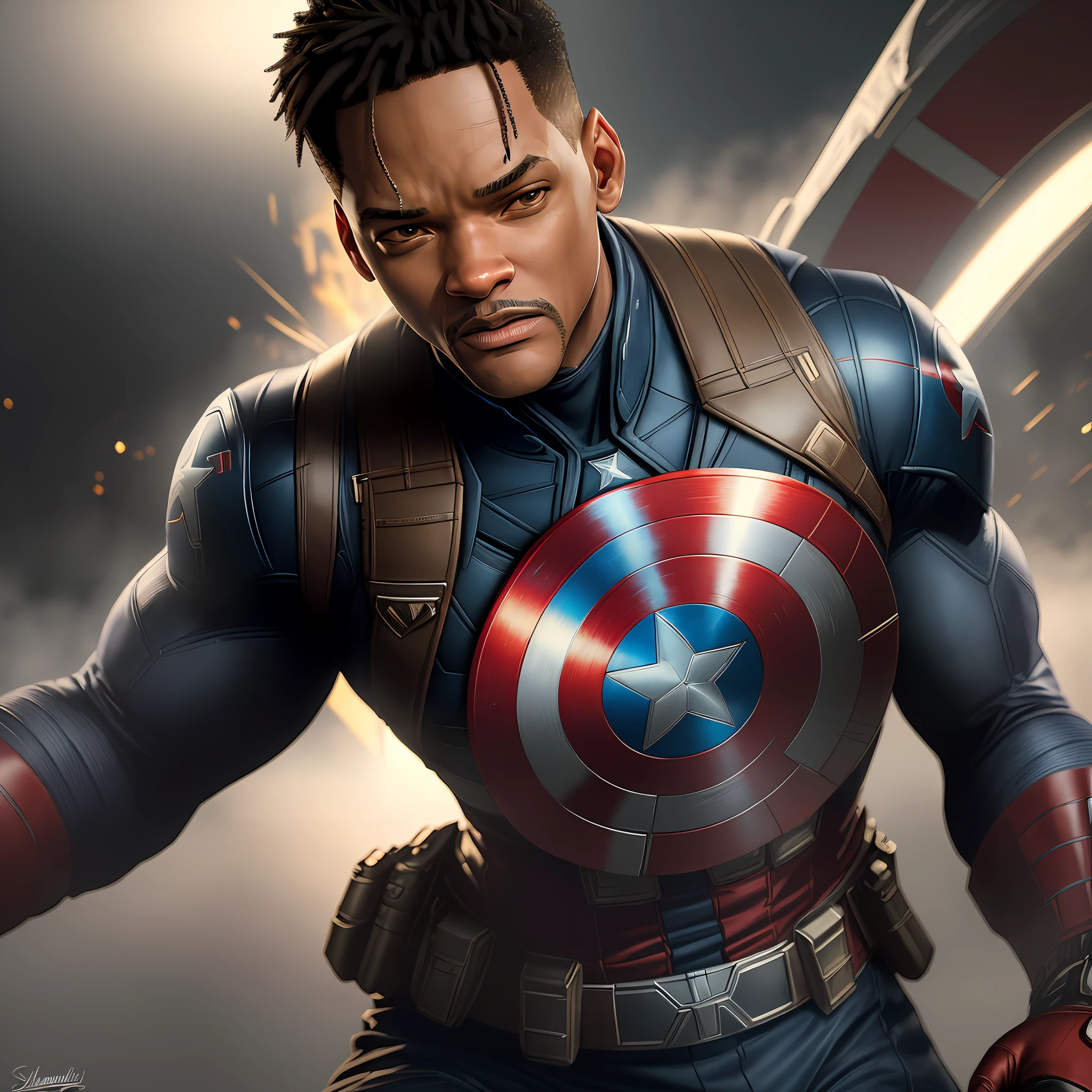 . .Tarantino style Will Smith as Captain America 8k, high definition, detailed face, detailed face, detailed eyes, detailed suit, in style of marvel and dc, hyper-realistic, + cinematic shot + dynamic composition, incredibly detailed, sharpen, details + superb details + evening with light + perfectionism + award winning realism ((moody lighting))