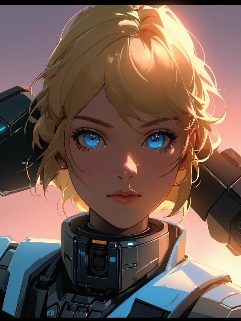 portrait of woman, police officer, wearing futuristic cyberpunk police uniform, robocop style, Blonde hair, Blue eyes, Smaller head, Best quality, realistic, extremely delicate and beautiful, sunset lighting, clipping light, professional lighting, dynamic pose, looking at the viewer