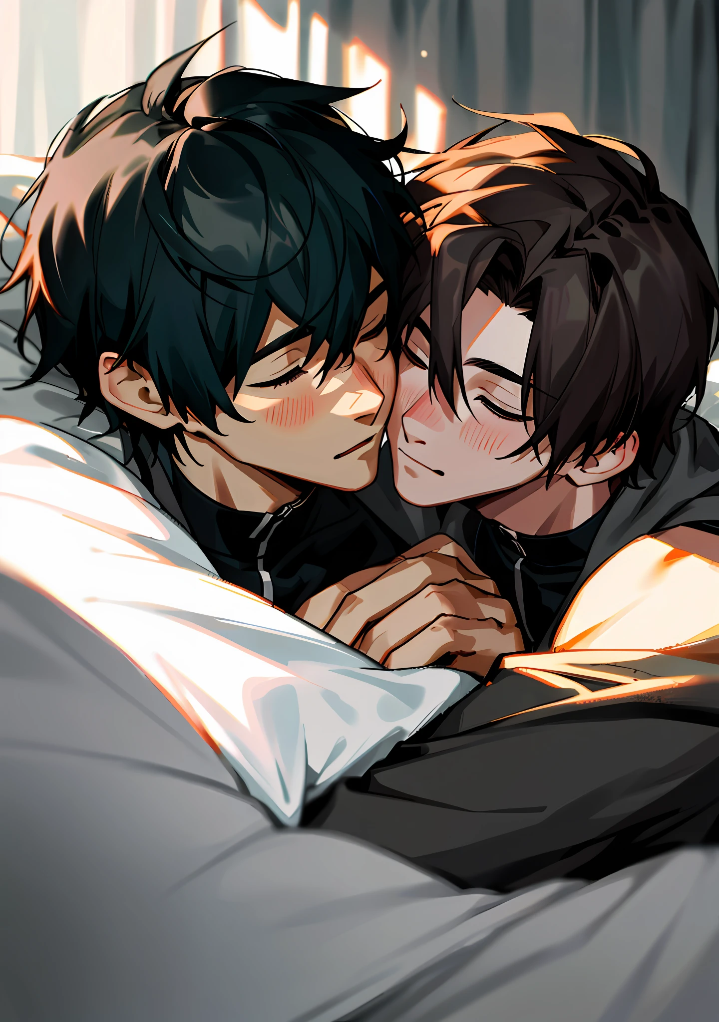 two men kissing in bed