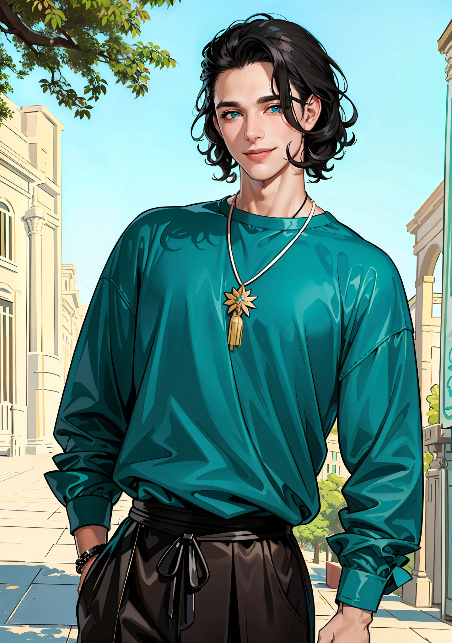 ancient necklace, oversize teal polyester shirt. a man with black curly hair and blue eyes talking a selfie at the park as he smiles at the camera. realistic, base, illustration, upper body, masterpience, sexy pose, smiling cutefully.