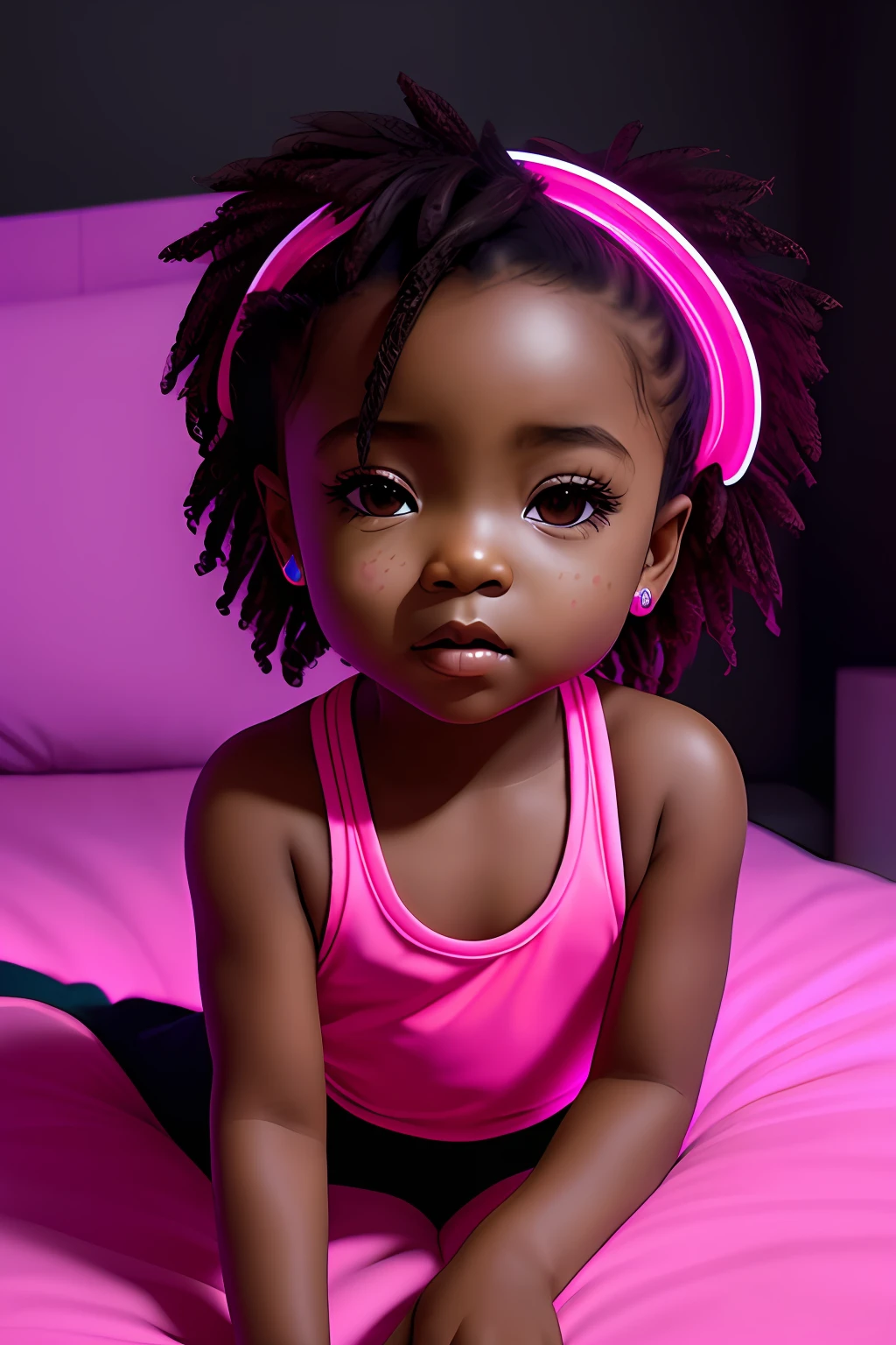 realistic portrait of a baby, African American ((dark brown skin color)), ((chibi)), ((sleeping)), ((bed, bedroom)), wearing tank top, black pants and black shoes, fashion current, ((neon)) african style hair, dark lighting background, close-up, product view, detailed facial details, perfect face, sharpness, trend art, sharp facial details, cgsociety, ultra high quality digital art, hyper details exquisite, 4k, 8k neon lighting, --iso 100 dreamy, fashion -