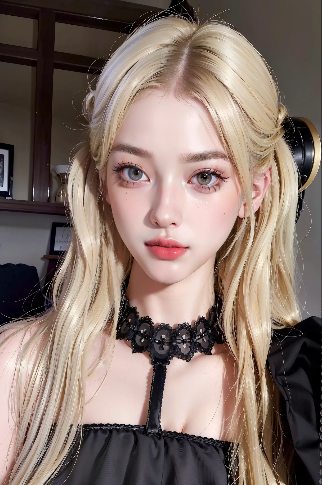 (8k, 4k, best quality, highres, ultra high res:1.1), (masterpiece, realistic, photo-realistic:1.1), 1girl, face, close-up, twintails, blonde hair, black eyes, red lips, (looking at viewer:1.5), absurdly long hair, long eyelashes, eyeshadow, small face, big eyes,
bare shoulders,
high contrast,