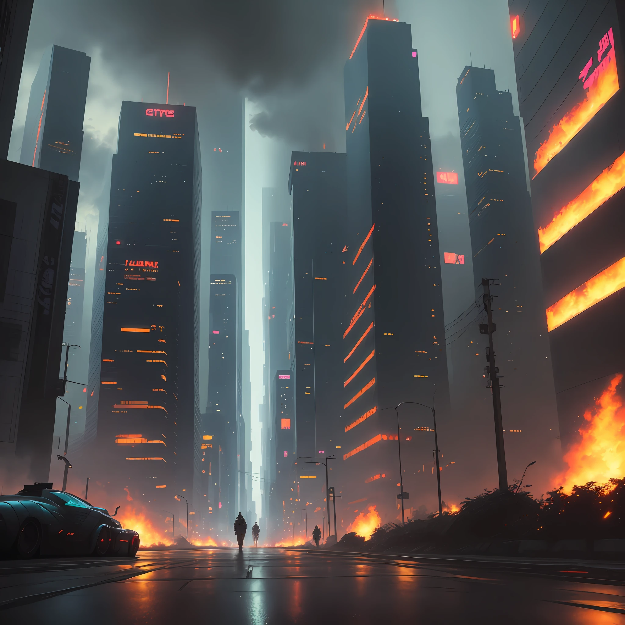 Cyberpunk style, city streets, raging fire